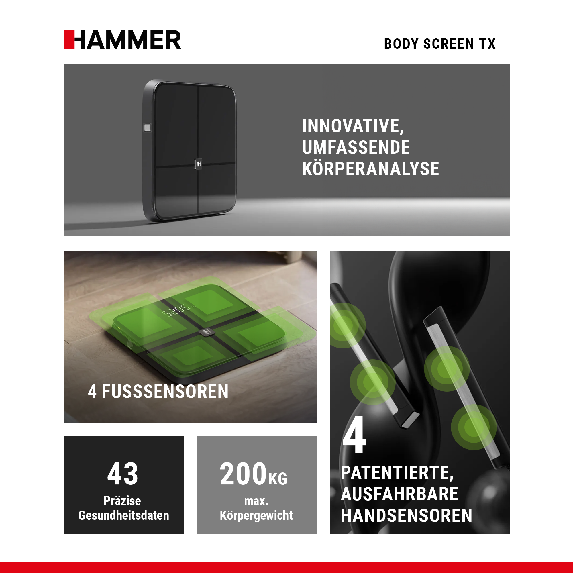 Reklama wagi Hammer Body Screen TX z czujnikami stóp i dłoni oraz 43 danymi o stanie zdrowia.