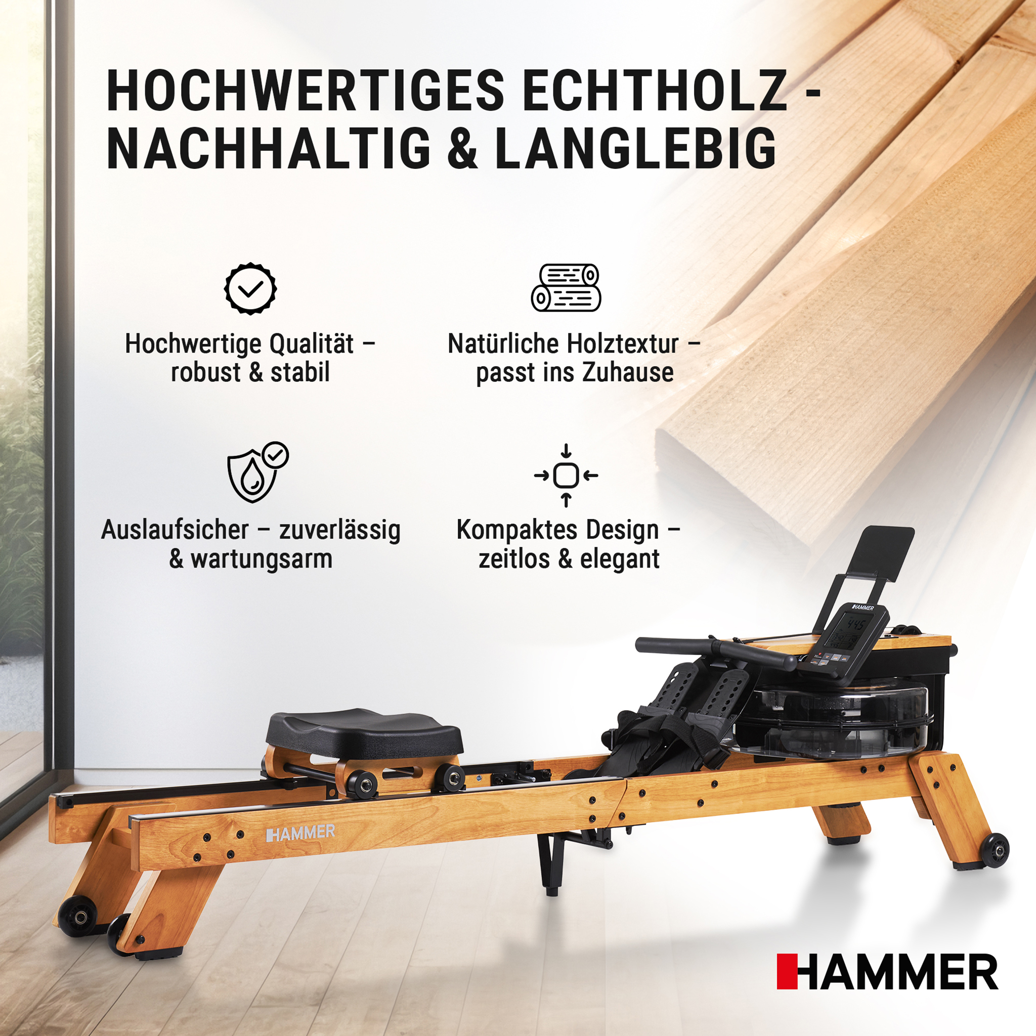 Holz-Rudergerät mit Display und Wassertank, umgeben von Werbetexten und Icons über Produktvorteile.