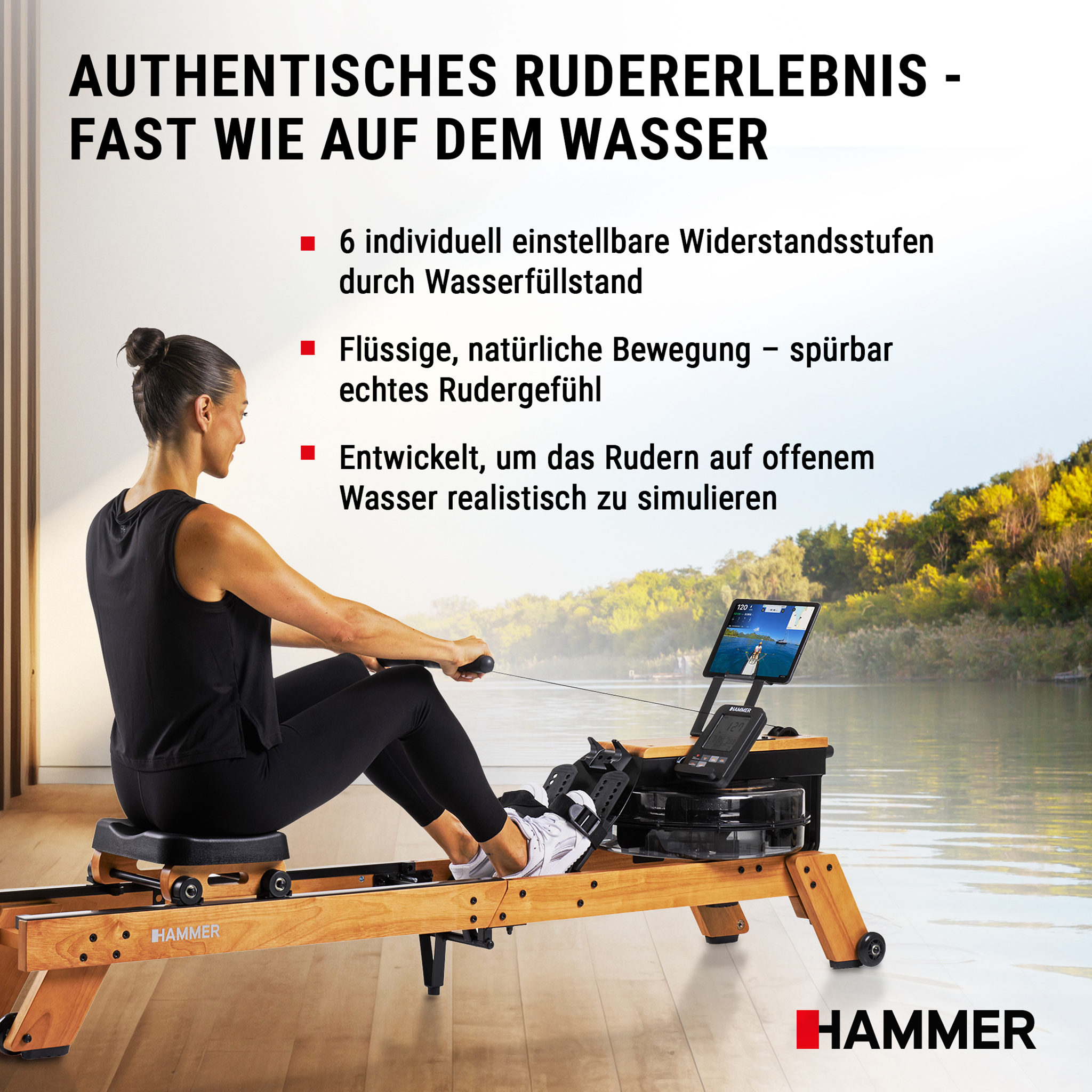 Eine Frau trainiert drinnen auf einem Holz-Rudergerät mit Wassertank vor einer Fensterfront mit Flussblick.