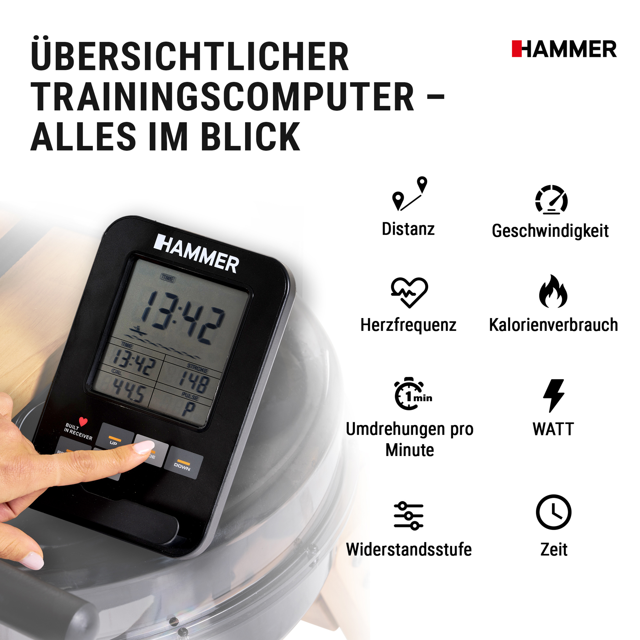 Übersichtlicher Hammer Trainingscomputer mit LCD-Bildschirm und Funktionen wie Distanz, Zeit und Puls.