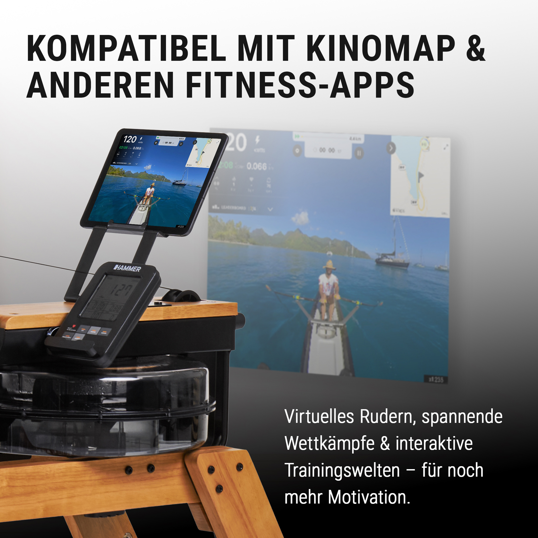 Ein hölzernes Rudergerät mit Wassertank, Display und Tablet zeigt eine virtuelle Trainingsapp.