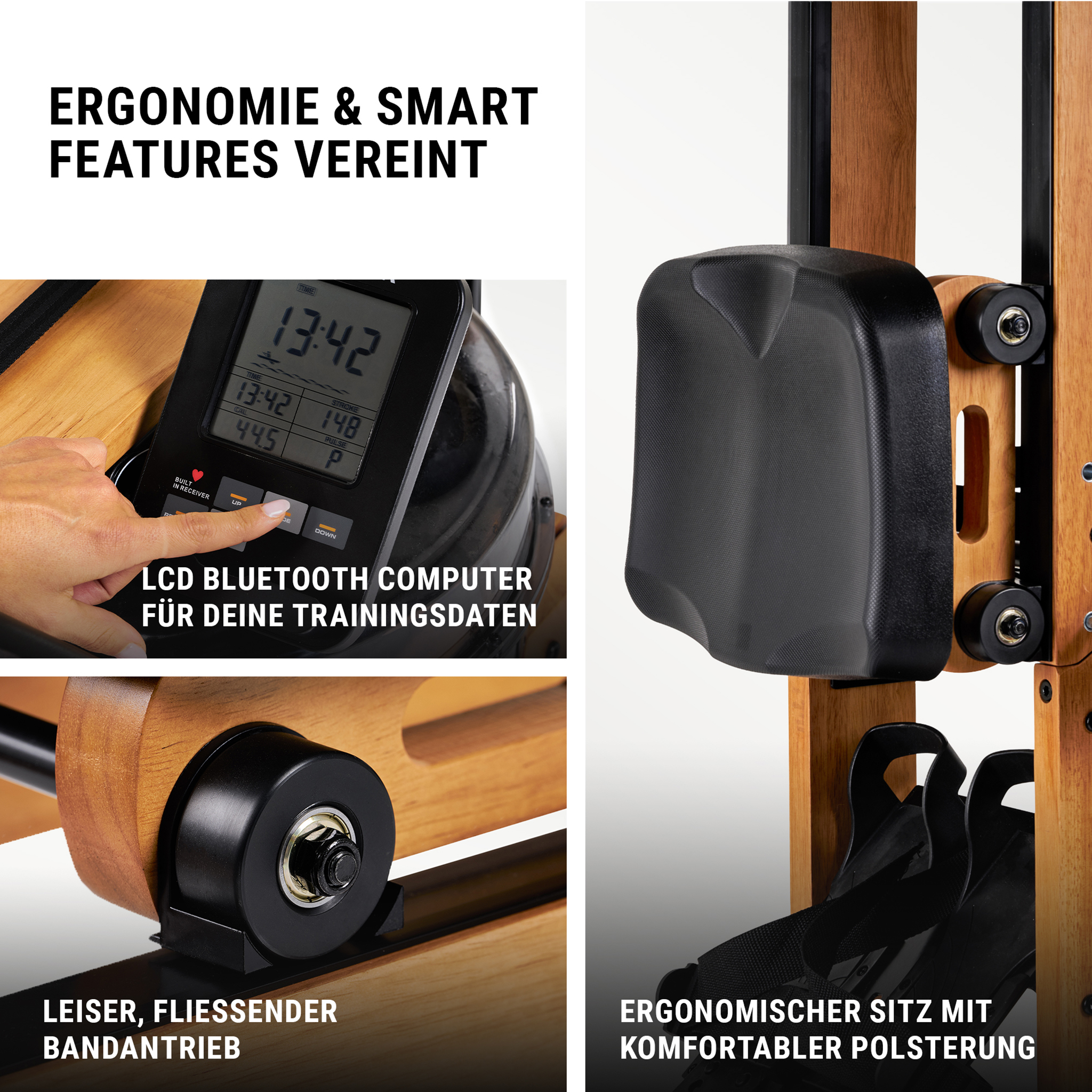 Holz-Rudergerät mit LCD-Computer, leiser Bandantrieb und ergonomischem gepolstertem Sitz.