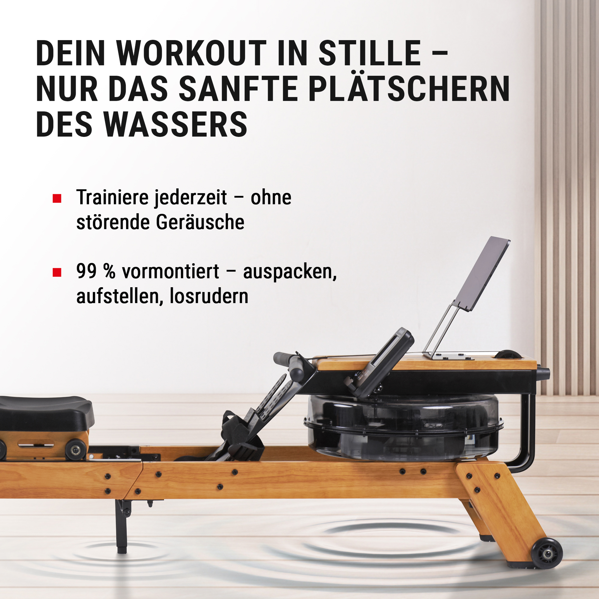 Ein hölzernes Wasserrudergerät auf hellem Boden mit deutschem Text über ein leises Workout.