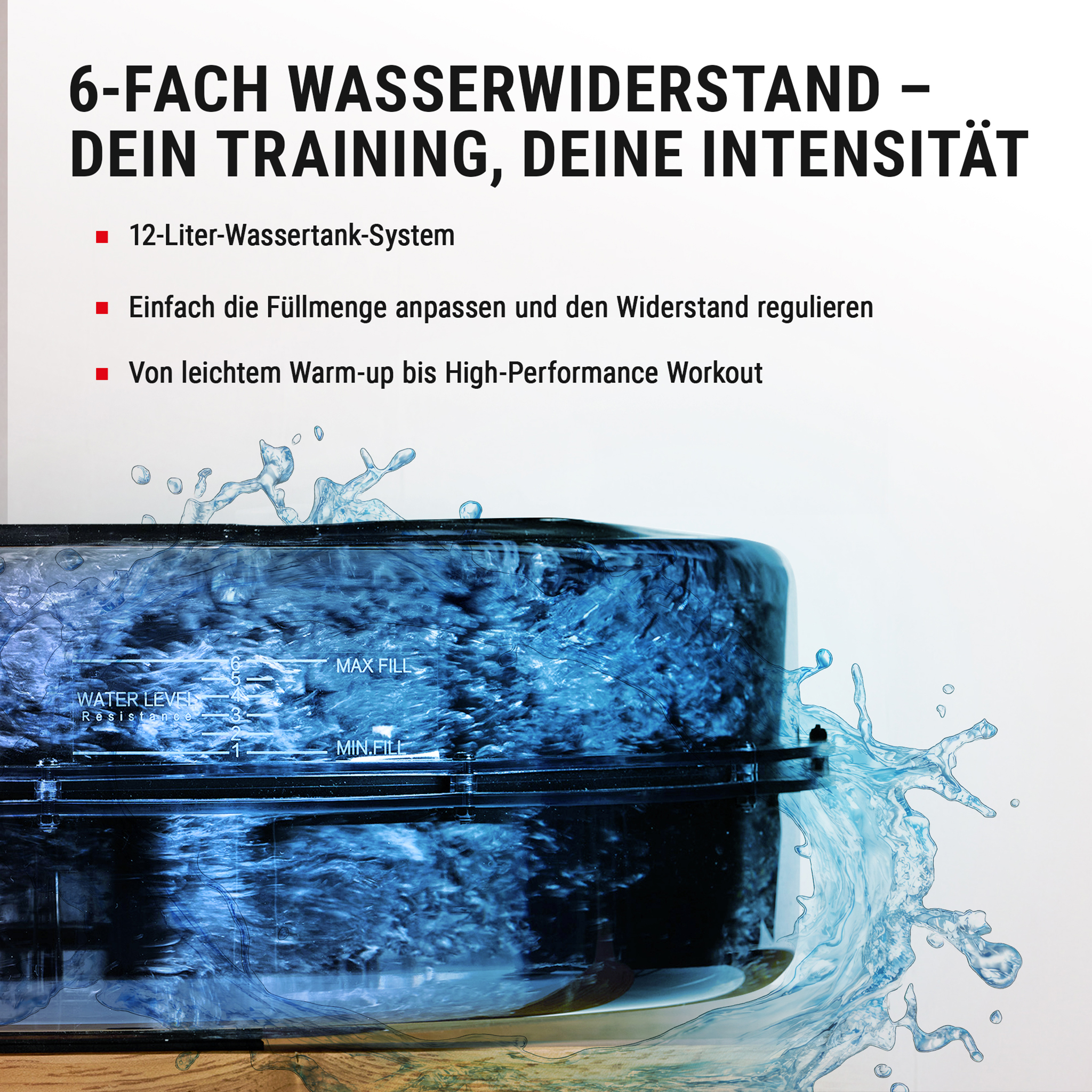 Wassertank mit 6 Widerstandsstufen und spritzendem Wasser. Text auf Deutsch über die Vorteile des Wassertanks.