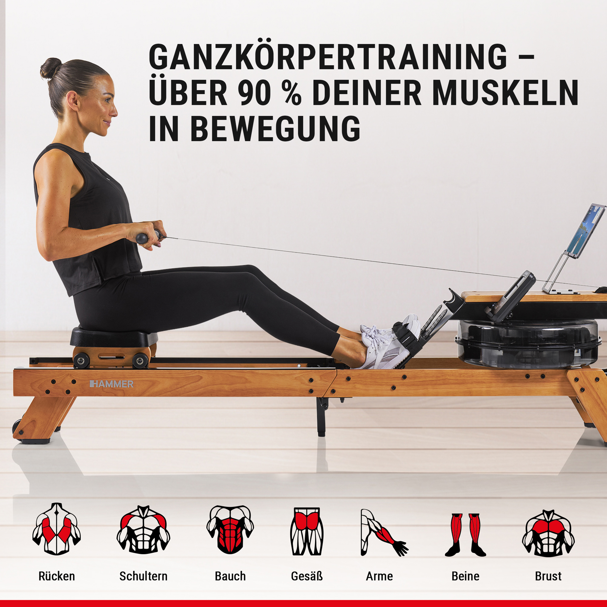 Eine Frau trainiert auf einem Holzrudergerät mit Text und Muskeldiagrammen.