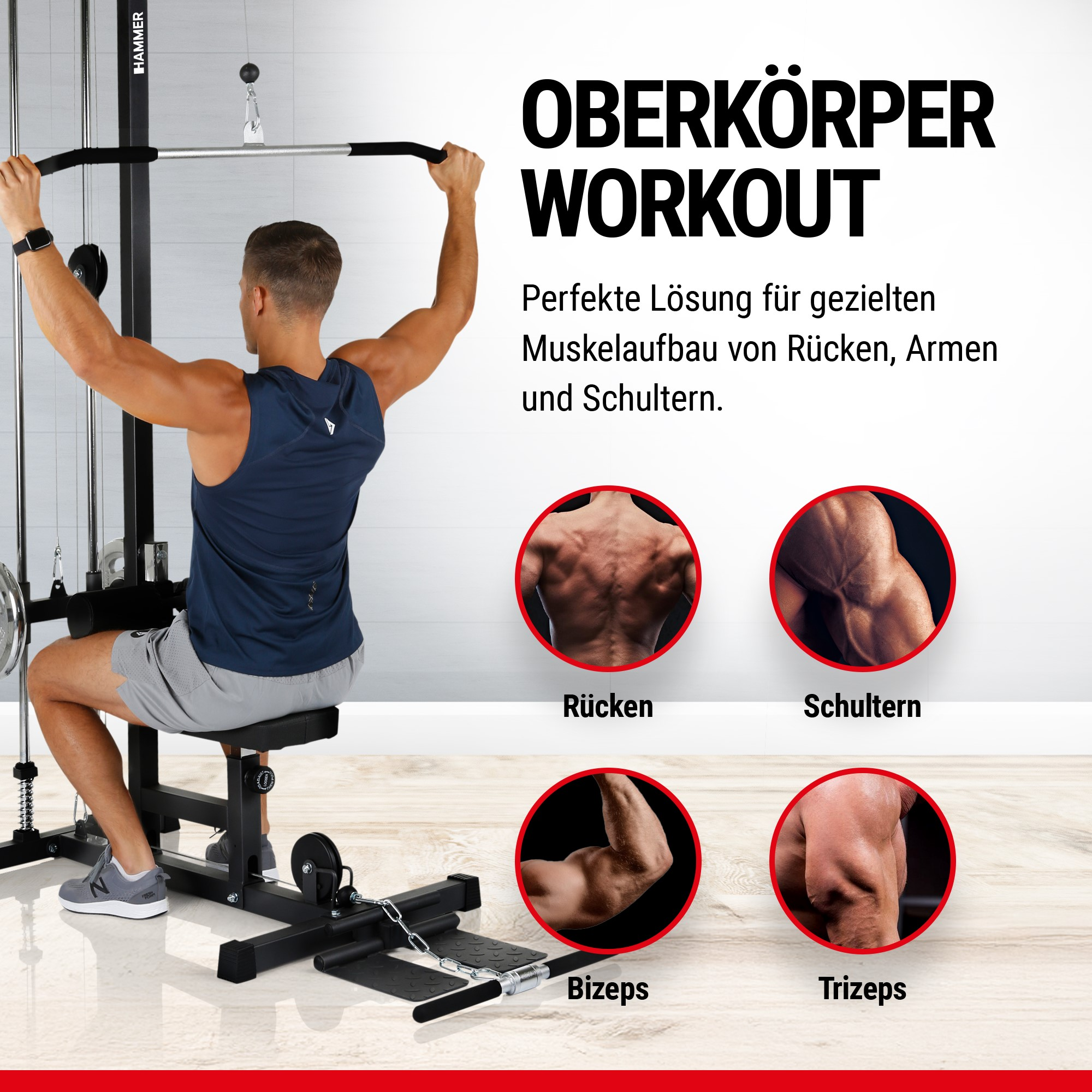 Ein Mann trainiert an einer Fitnessstation für den Rücken.