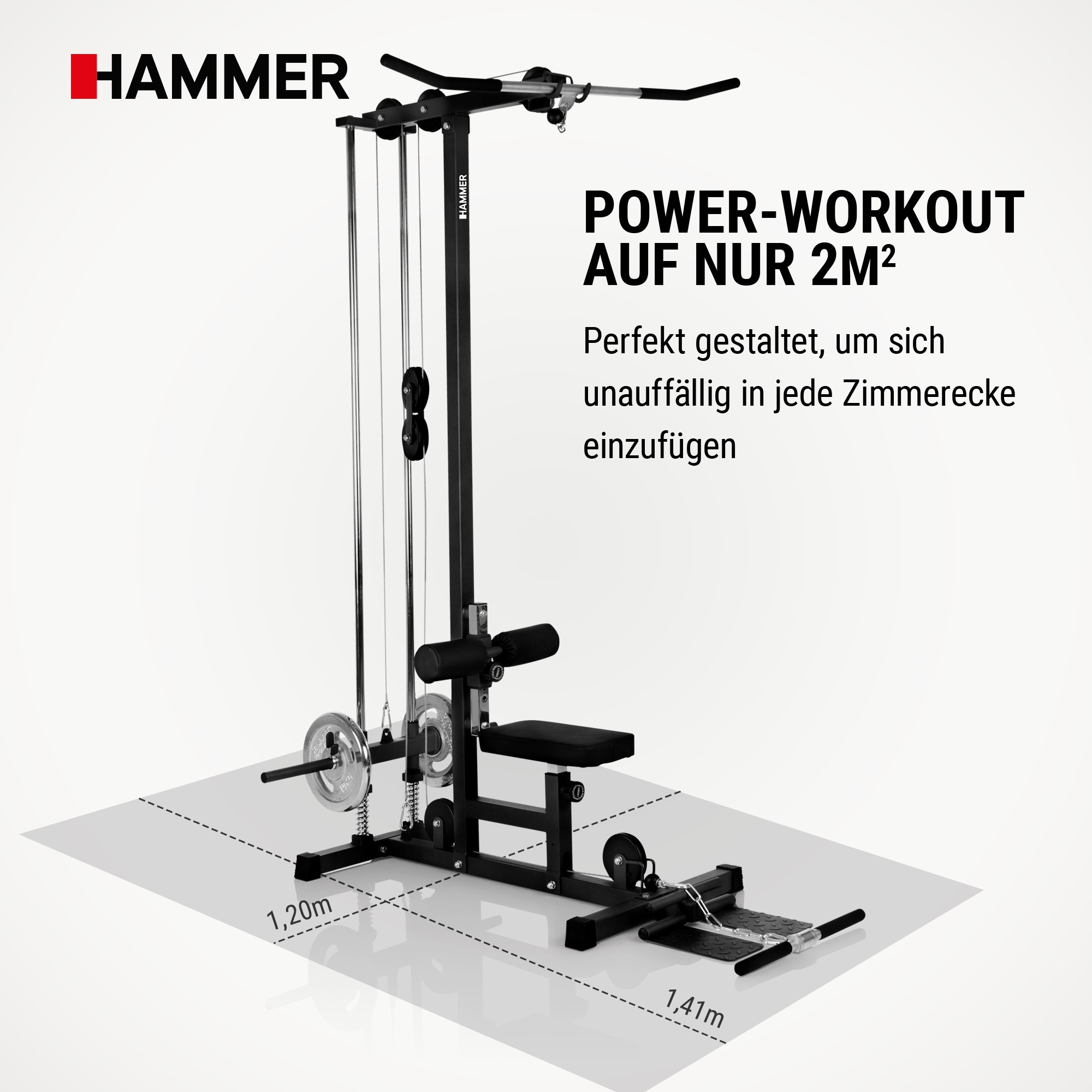 Schwarze Hammer Kraftstation für das Heimtraining auf kleinem Raum mit Maßangaben.