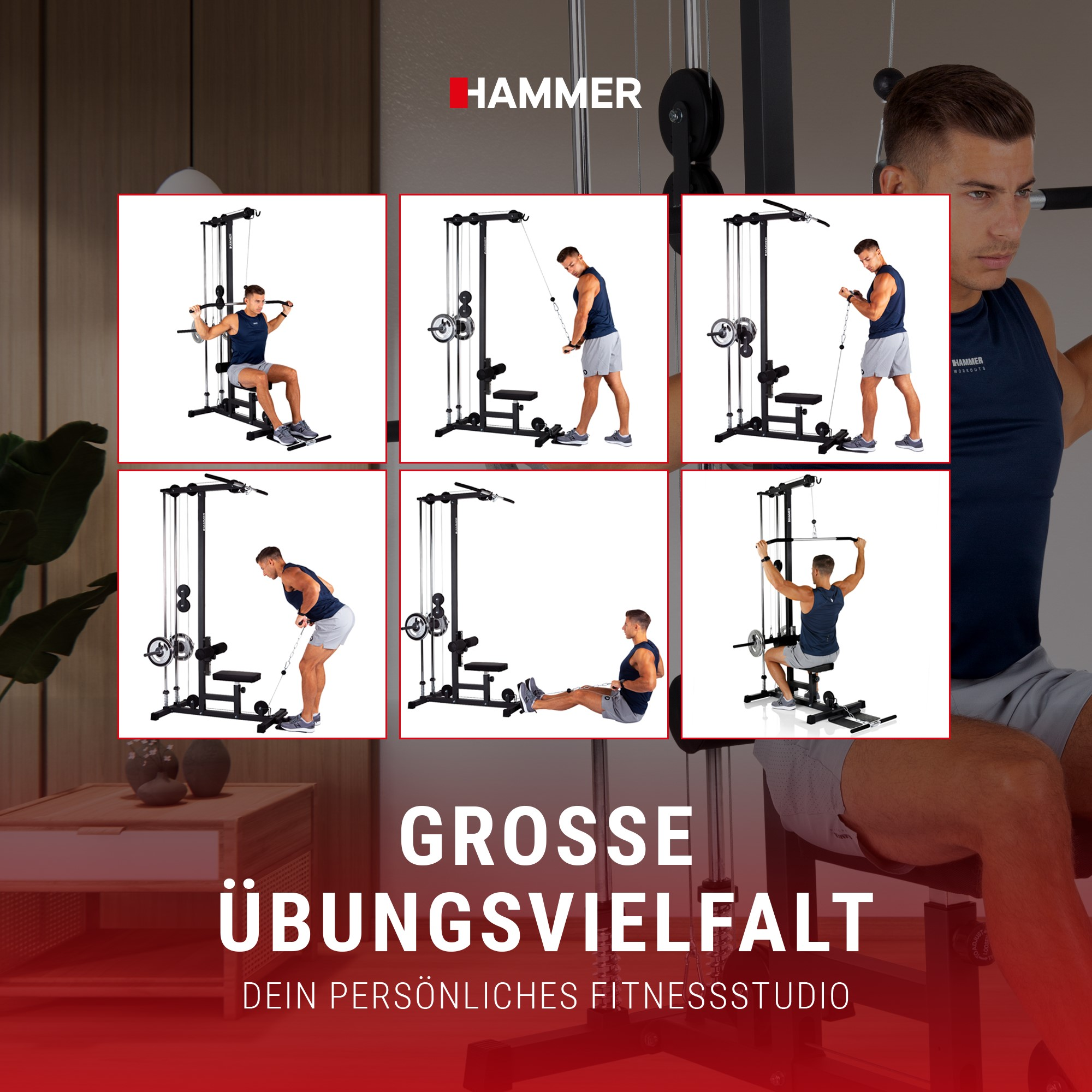 Ein Mann demonstriert sechs verschiedene Übungen an einer schwarzen Kraftstation.