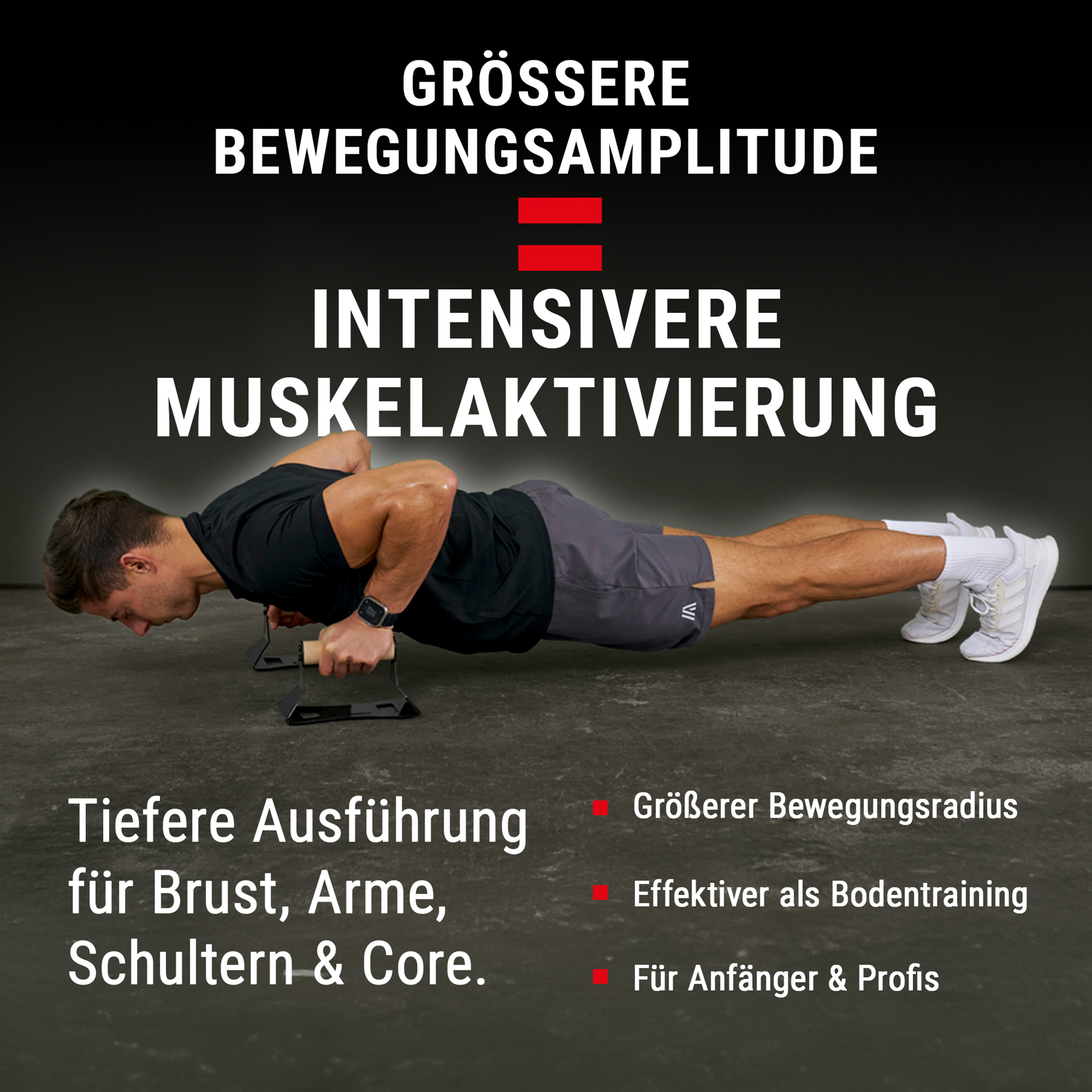 Ein Mann macht Liegestütze auf Parallettes vor einem dunklen Hintergrund mit deutschem Werbetext.