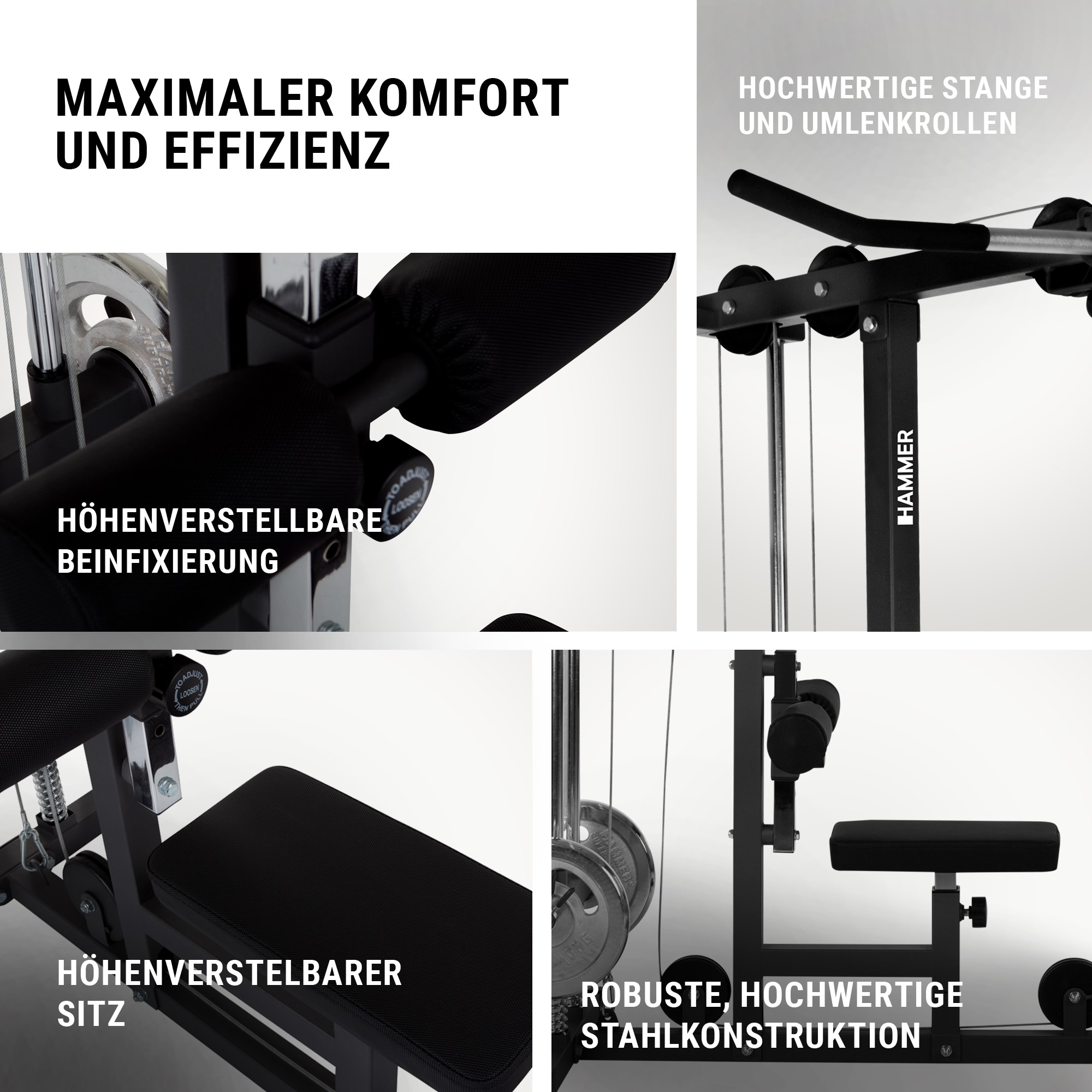 Fitnessgerät mit verstellbarem Sitz, Beinfixierung und Stahlrahmen.