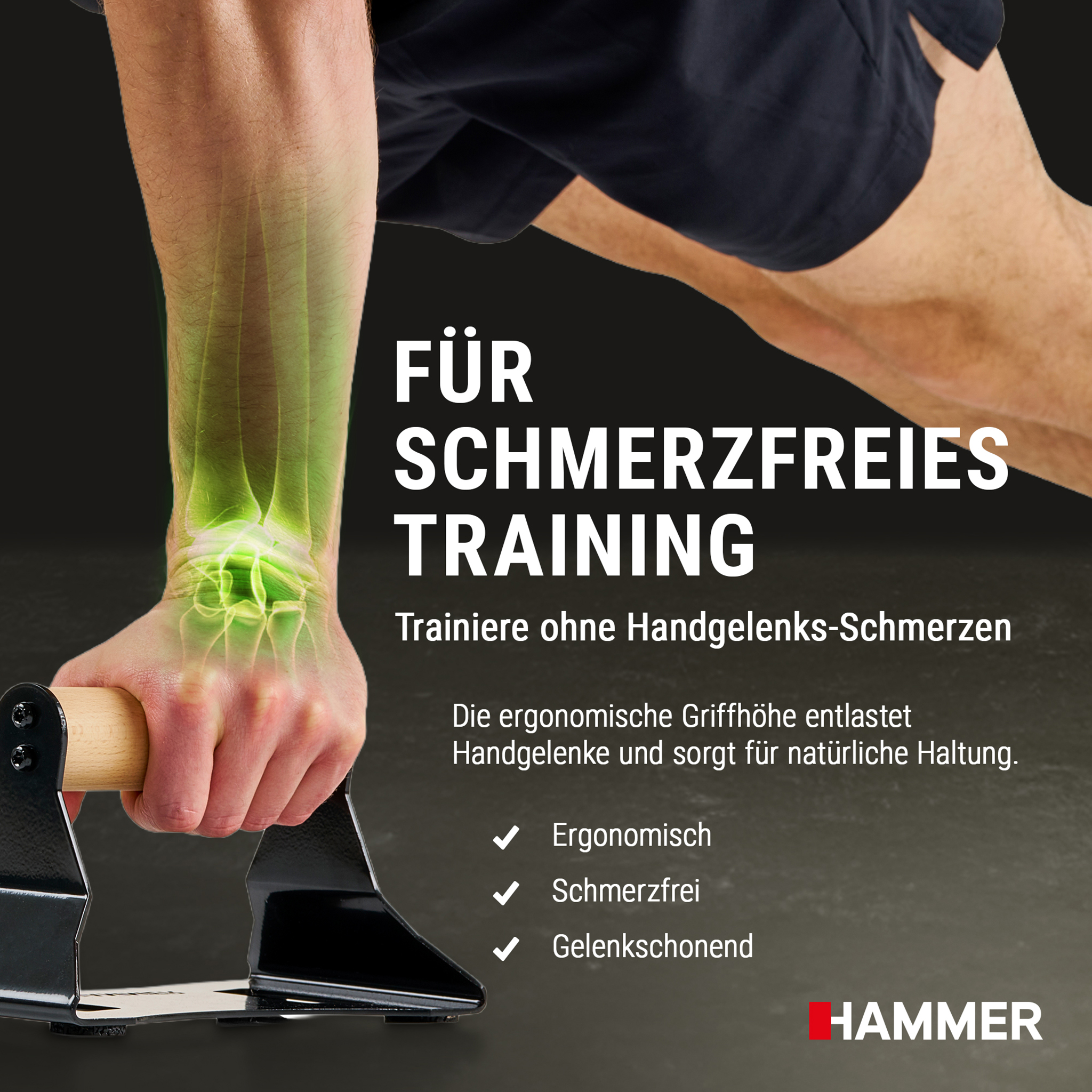 Ein Mensch macht Liegestütze auf ergonomischen Handgriffen, mit grafischer Darstellung der Handgelenksentlastung.