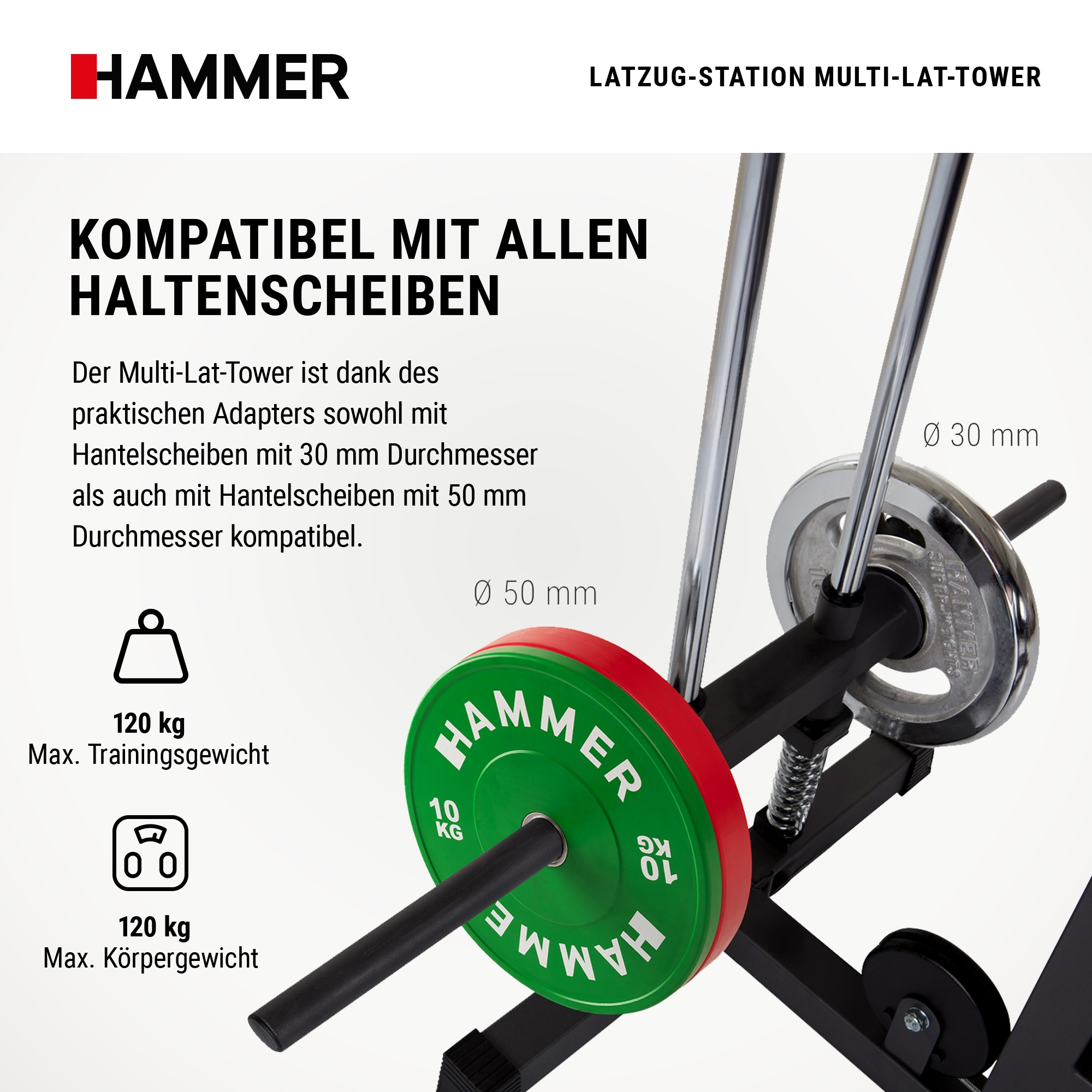 Hammer Latzug-Station mit Gewichten und Adaptern für 30 mm und 50 mm Hantelscheiben.