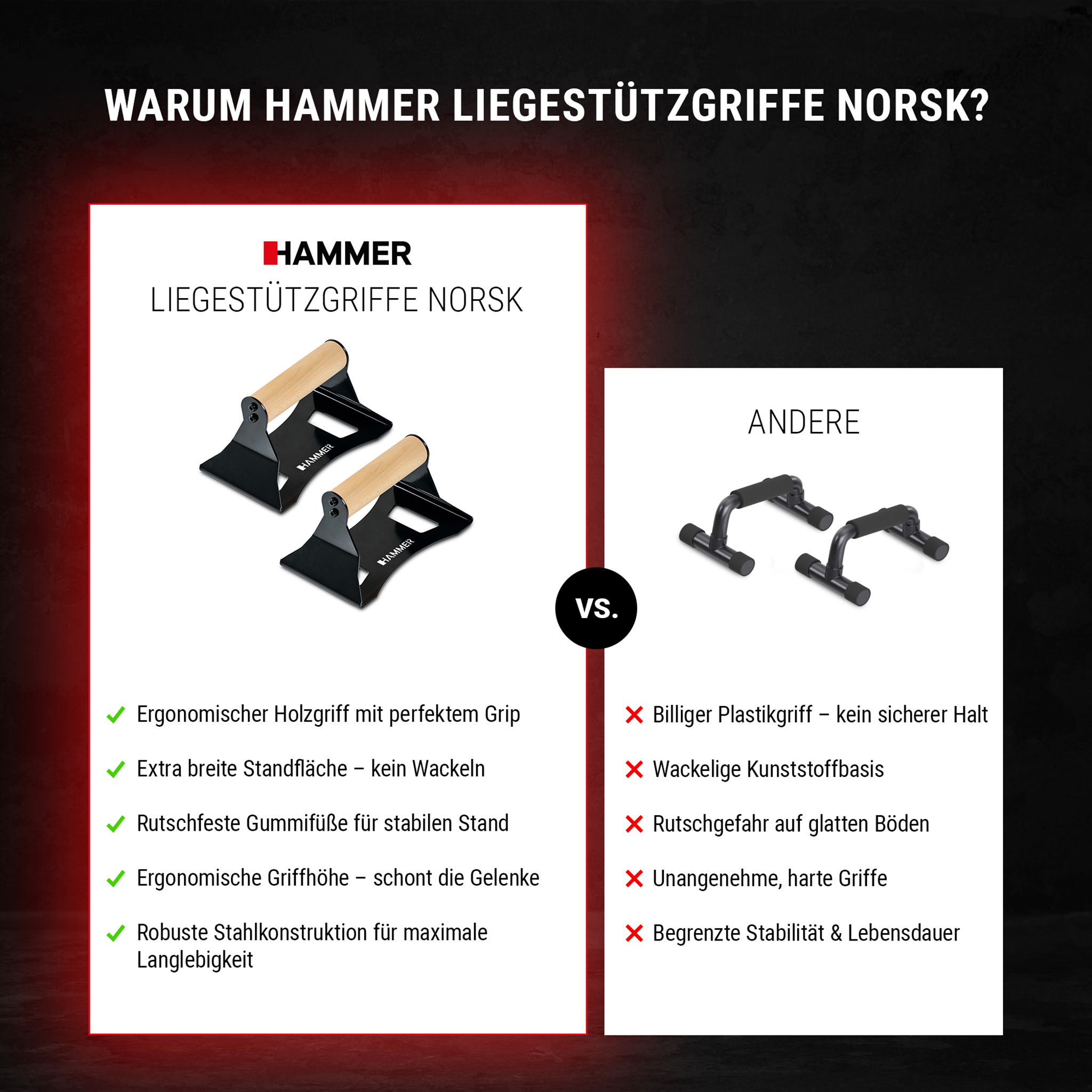 Vergleich von Hammer Liegestützgriffen mit Holzgriffen gegenüber Standard-Plastikgriffen.