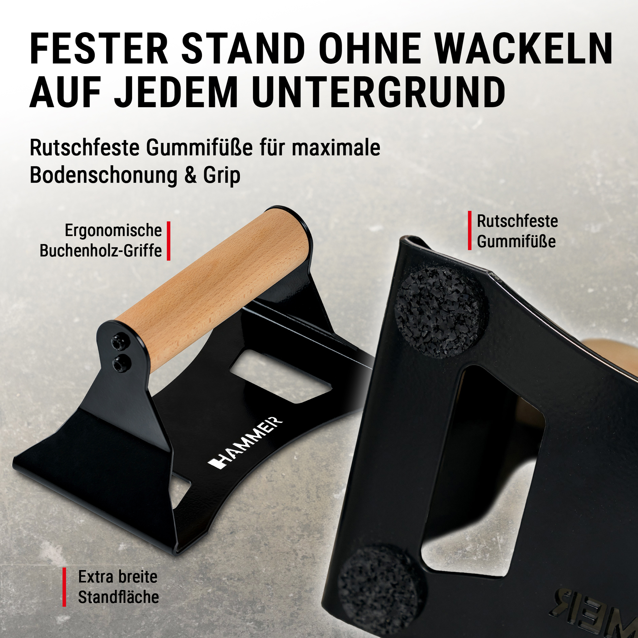 Schwarze Liegestützgriffe mit Holzugriff und rutschfesten Gummifüßen auf grauem Grund.