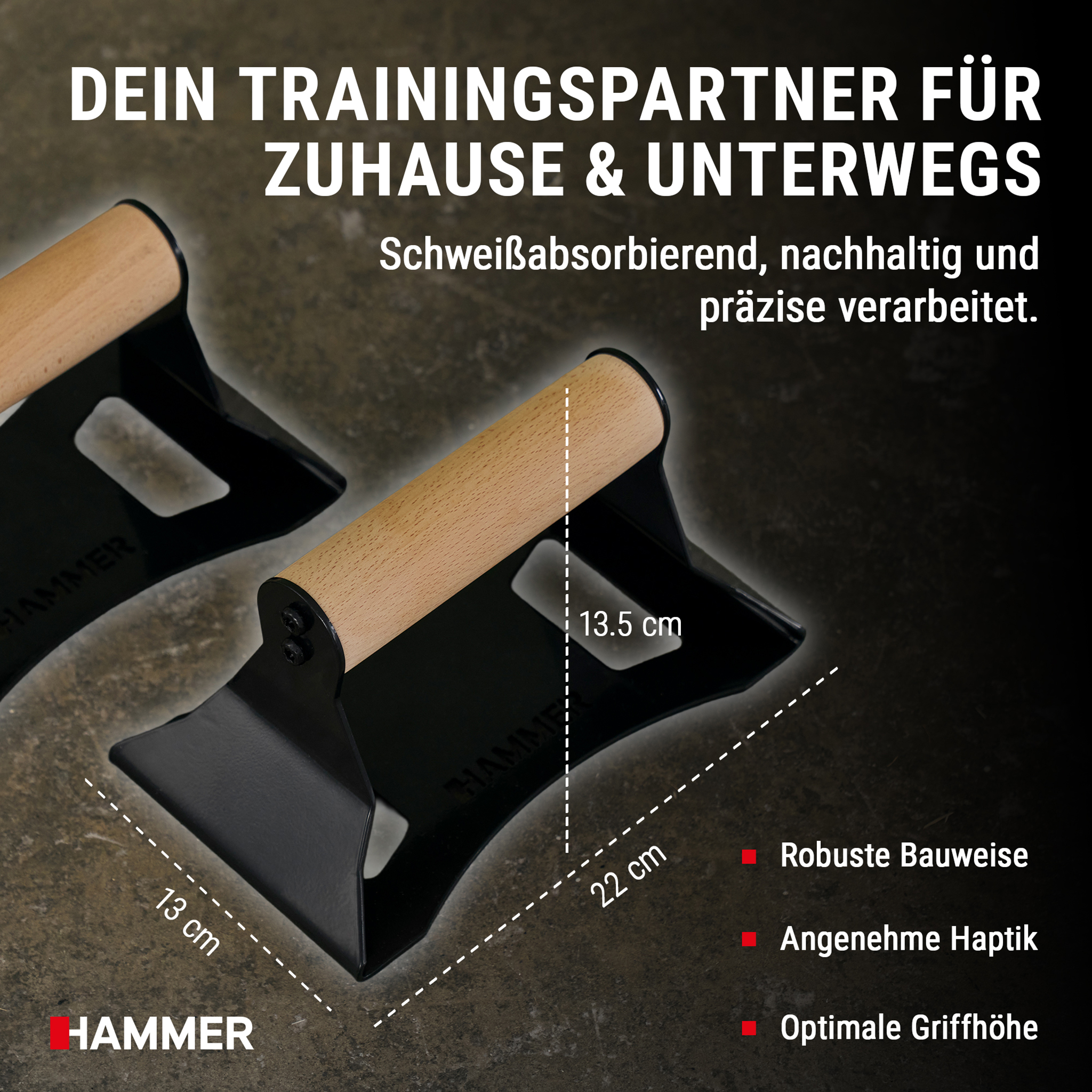 Zwei schwarze Liegestützgriffe mit Holzugriff und Abmessungen auf dunkel metallischem Hintergrund.
