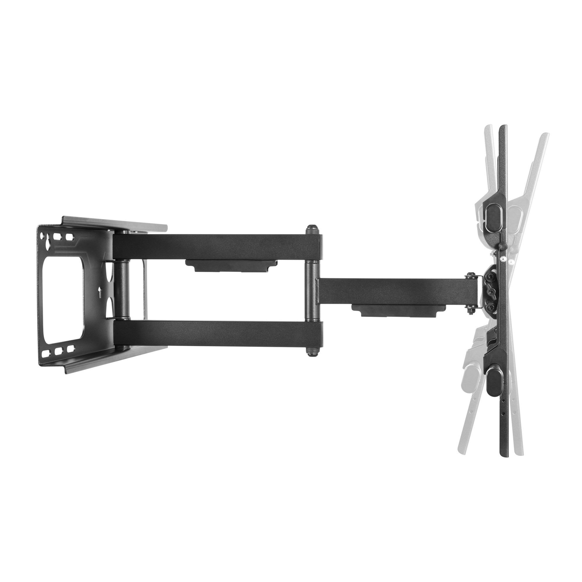 Schwarze TV-Wandhalterung mit verstellbaren Armen vor weißem Hintergrund.