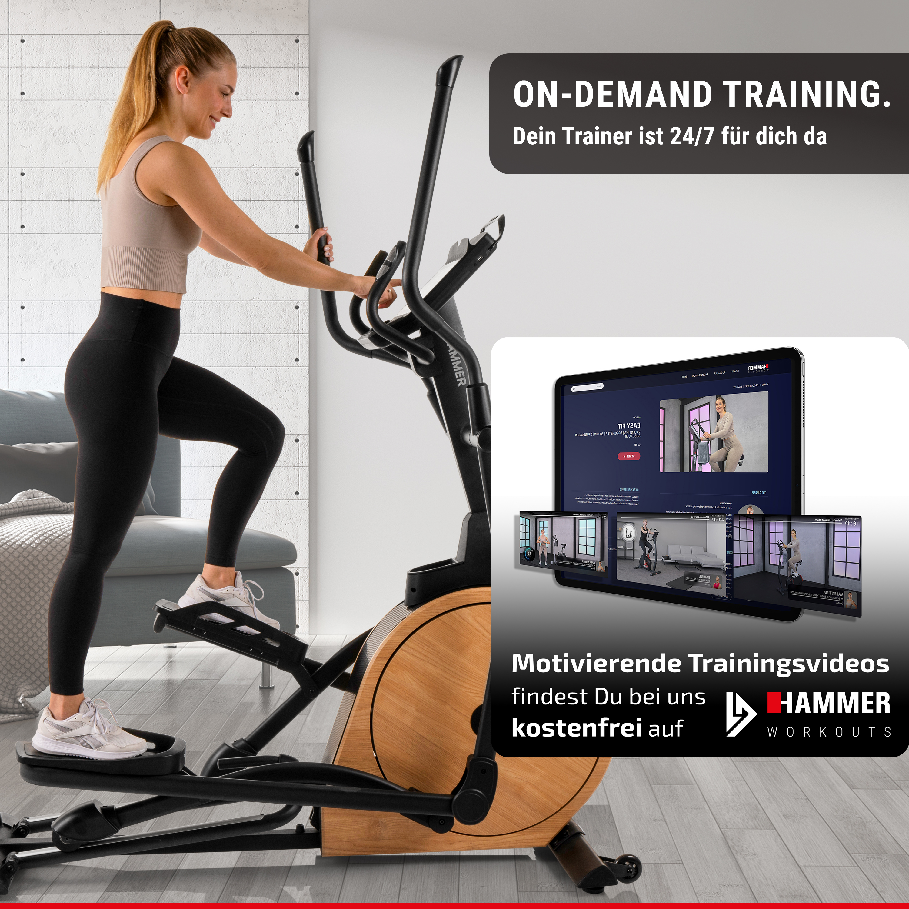 Eine blonde Frau trainiert zuhause auf einem Crosstrainer mit Holzakzenten vor einer grauen Wand.