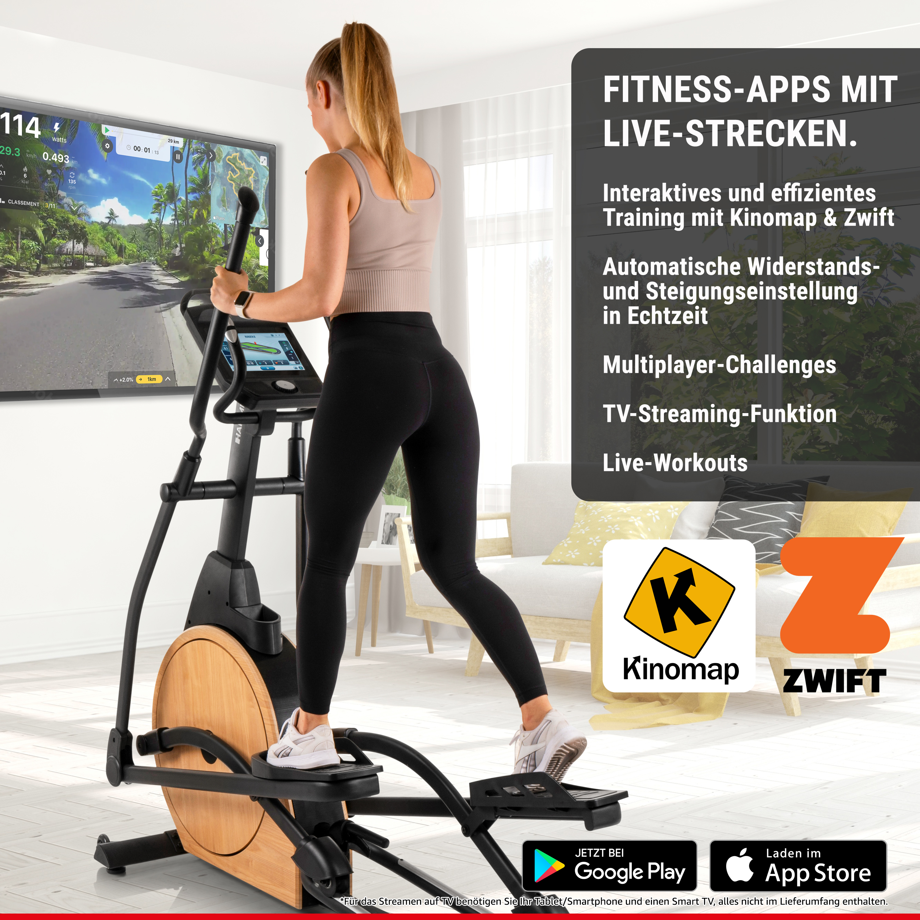 Eine Frau trainiert auf einem Crosstrainer vor einem Bildschirm mit einer virtuellen Laufstrecke.