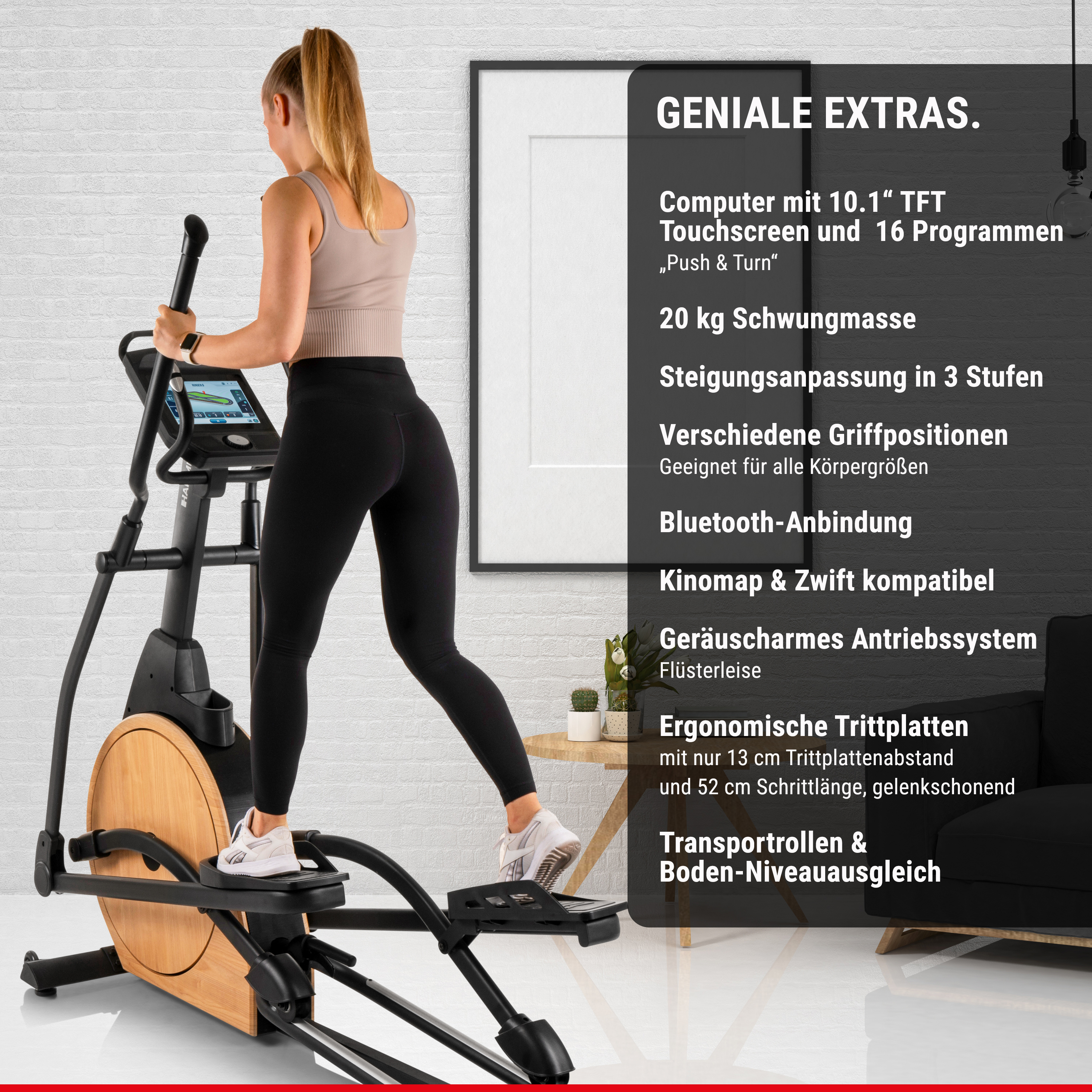 Frau trainiert auf einem Ellipsentrainer mit hölzernem Schwungrad neben Texttafeln.