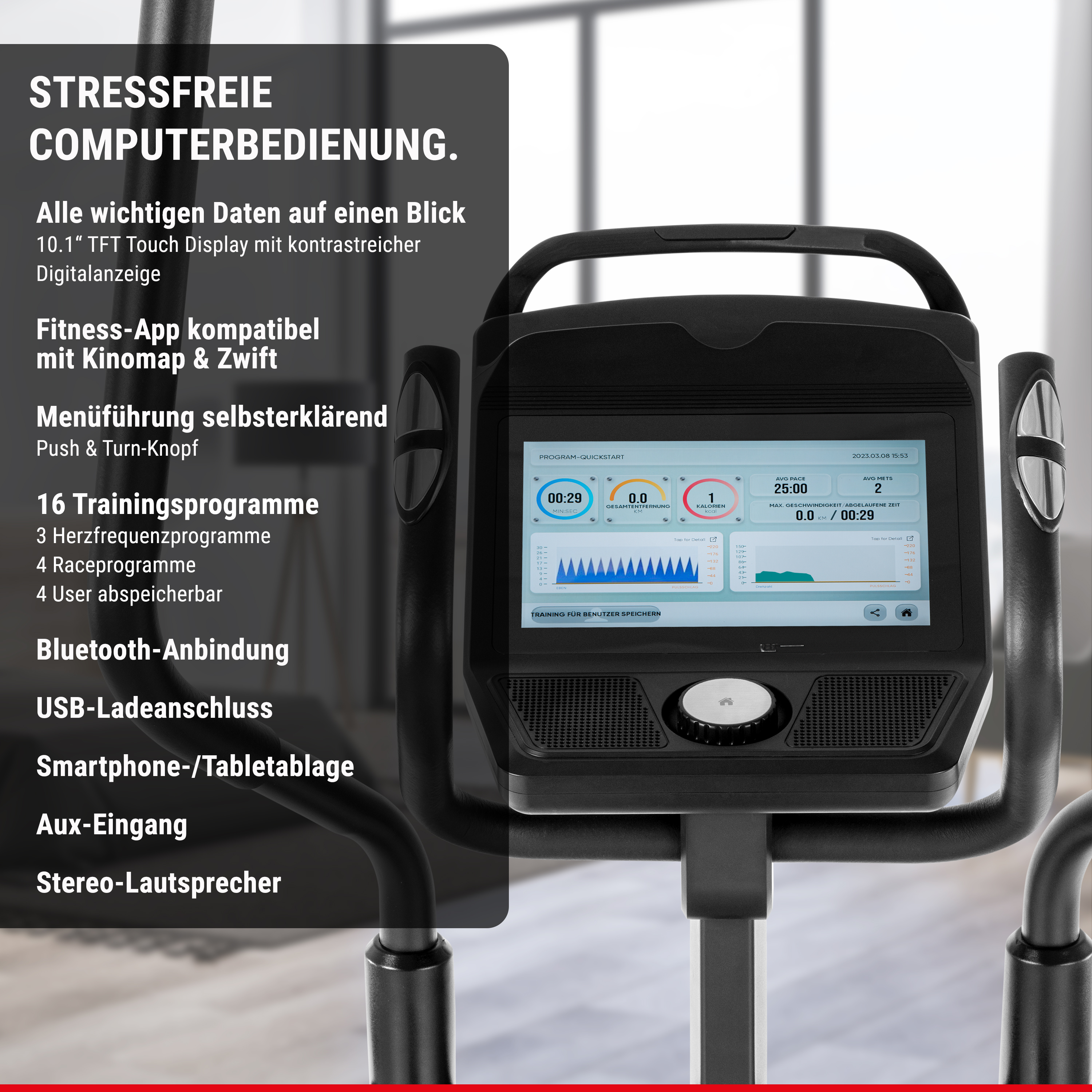 Fitnessgerät mit Touch-Display und deutscher Funktionsbeschreibung auf der linken Seite.