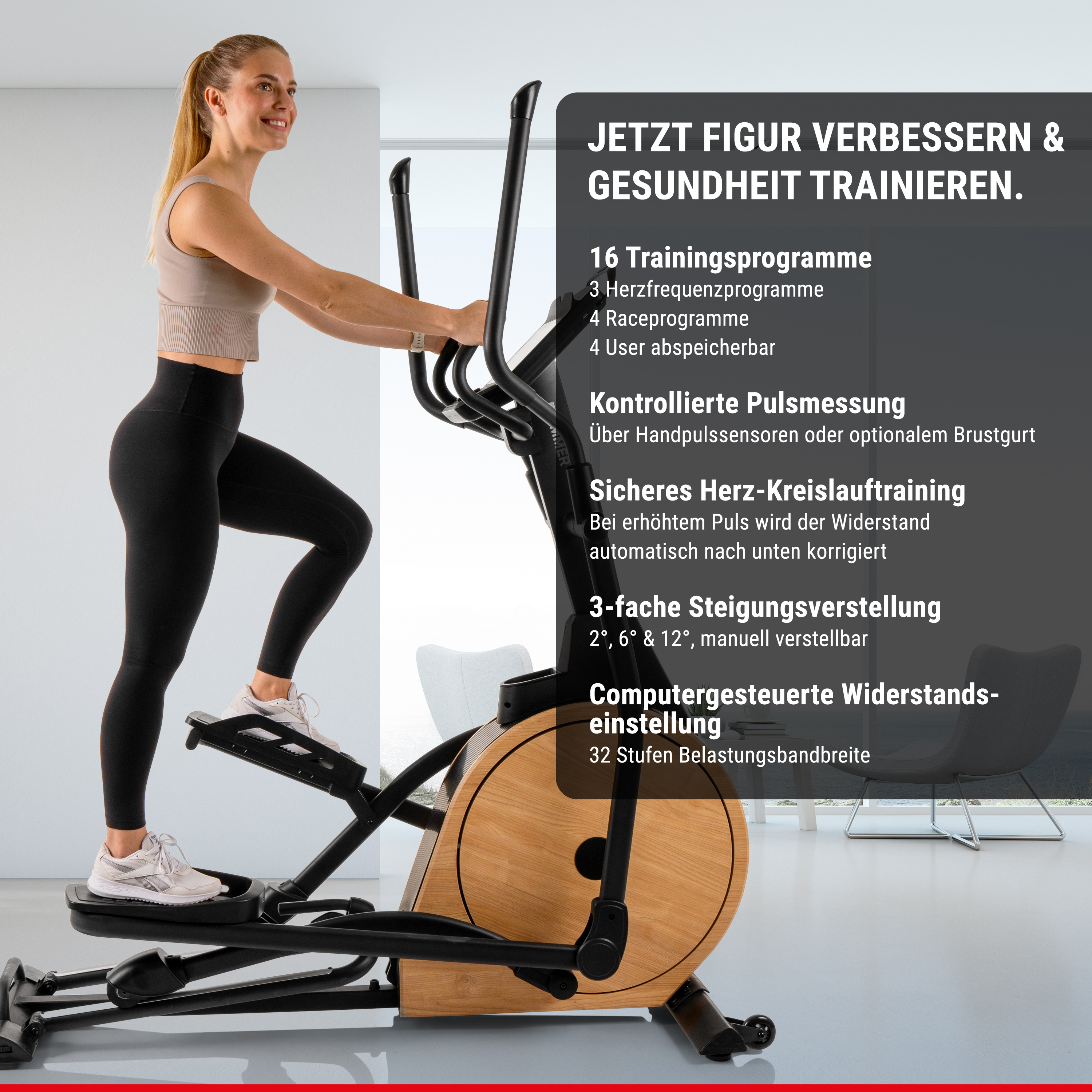 Frau trainiert auf einem Ellipsentrainer mit hölzernem Gehäuse, daneben Texttafel mit Produkteigenschaften.