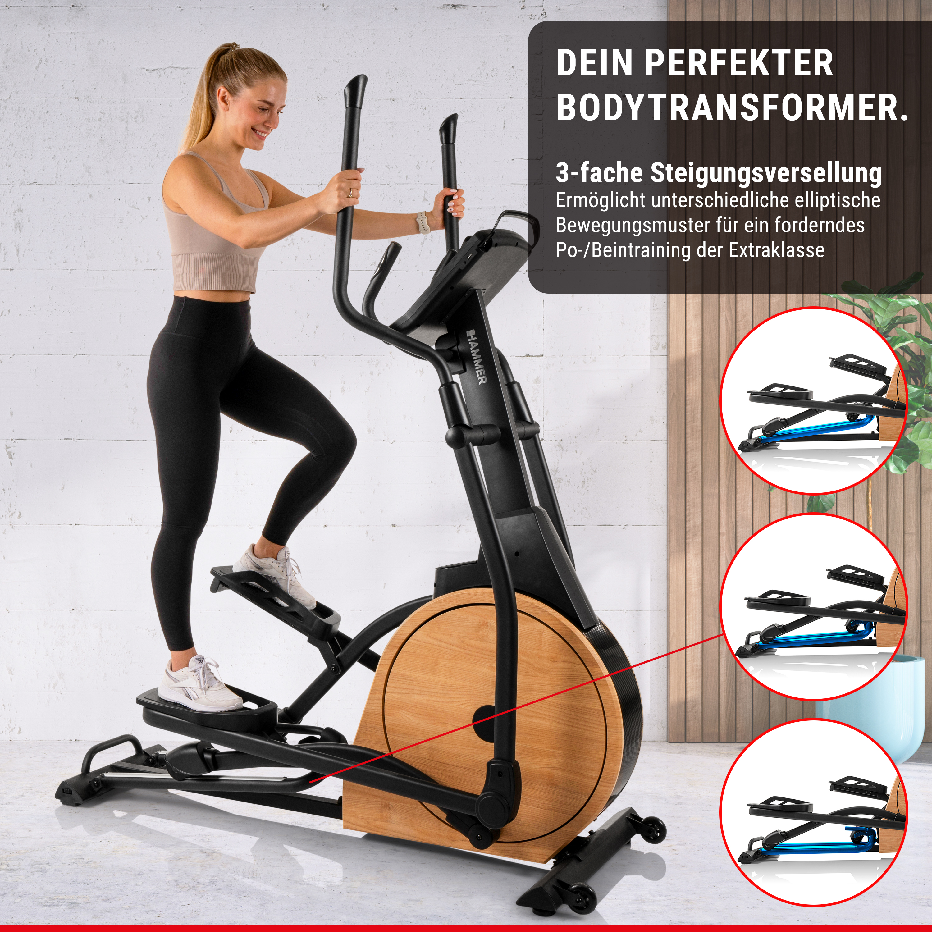 Eine Frau trainiert auf einem Crosstrainer mit Holzdesign, Textanzeige und drei kleinen Detailbildern.