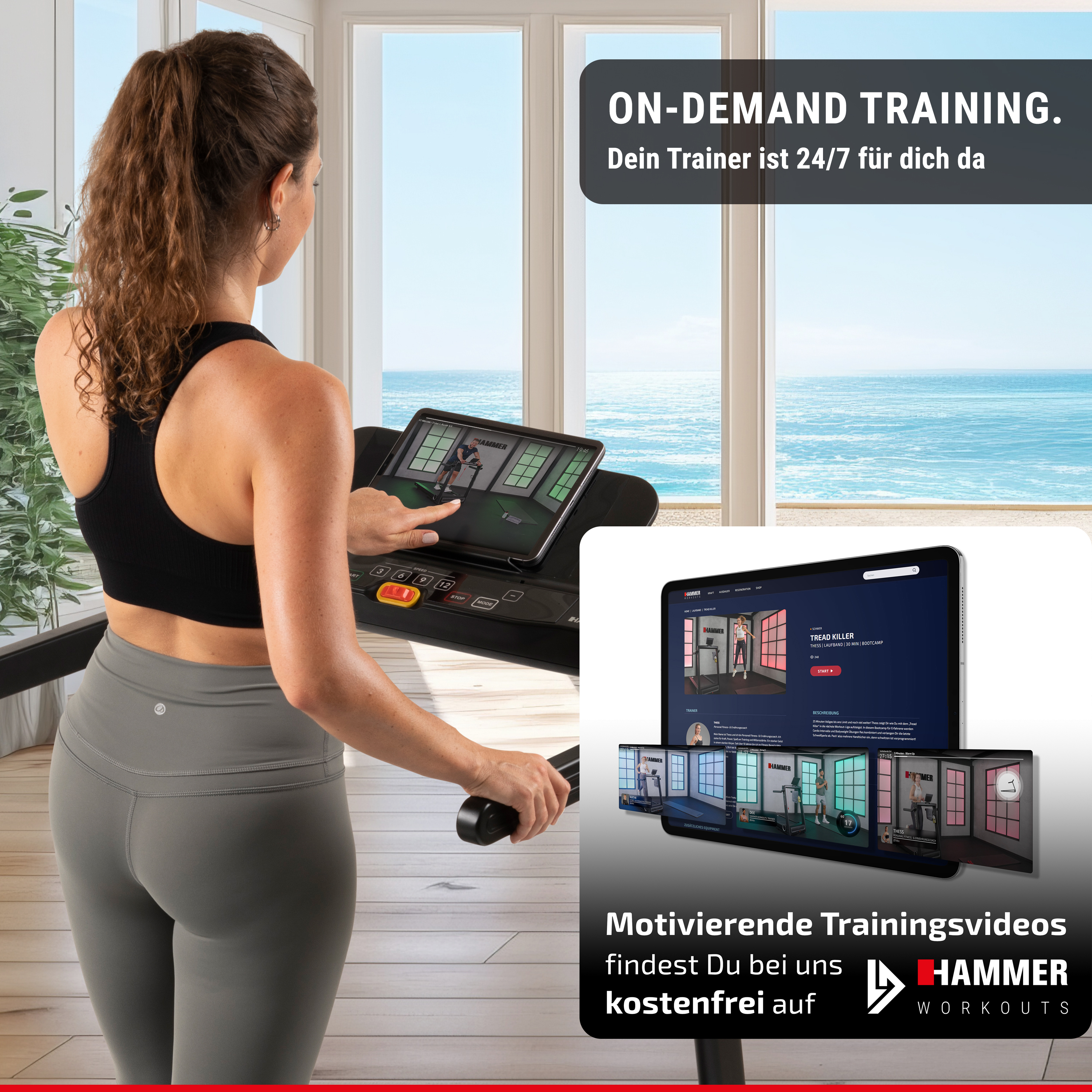 Una donna in abbigliamento sportivo usa un tapis roulant vicino a una finestra con vista sul mare.