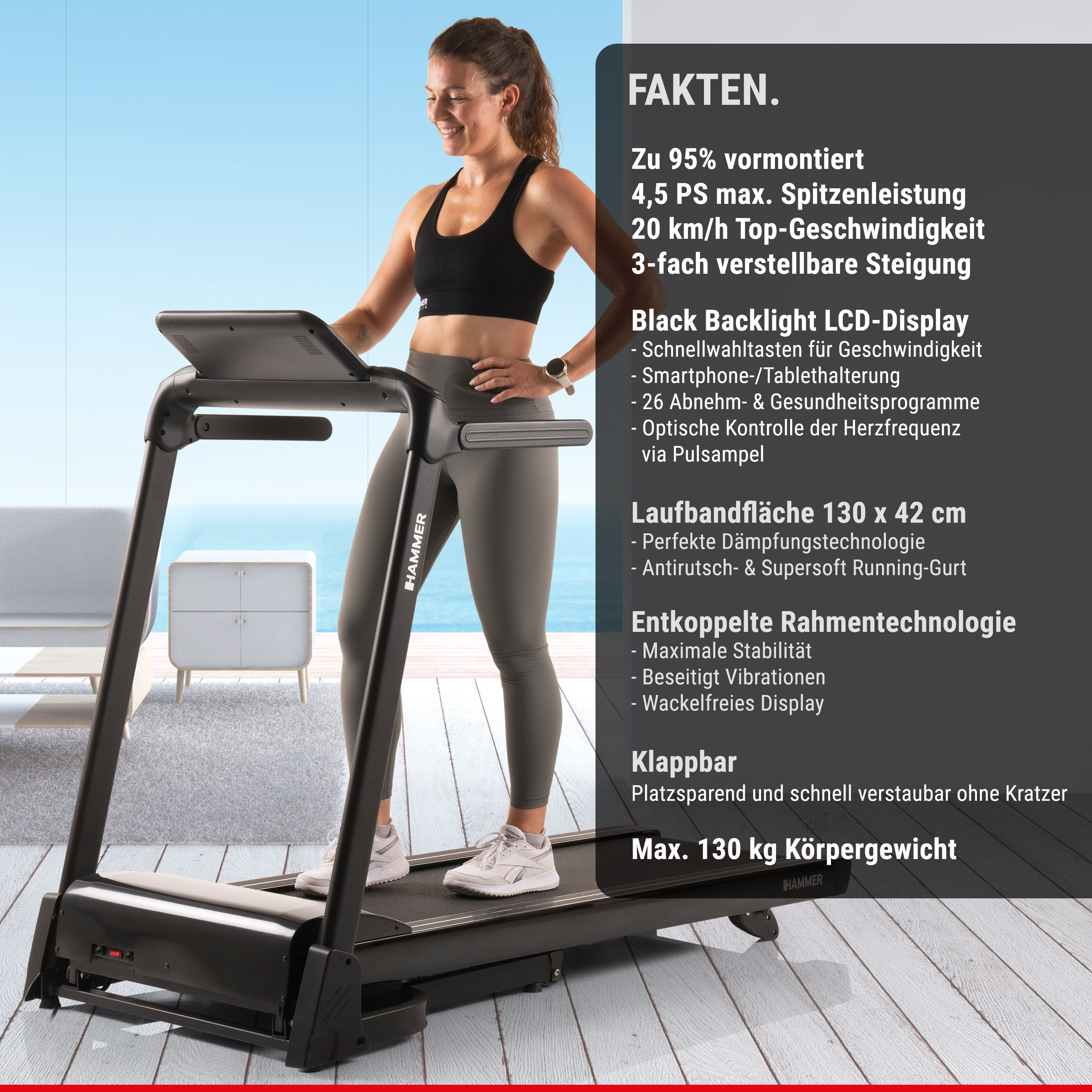 Una donna in abbigliamento sportivo su un tapis roulant nero, con i dettagli del prodotto a destra.