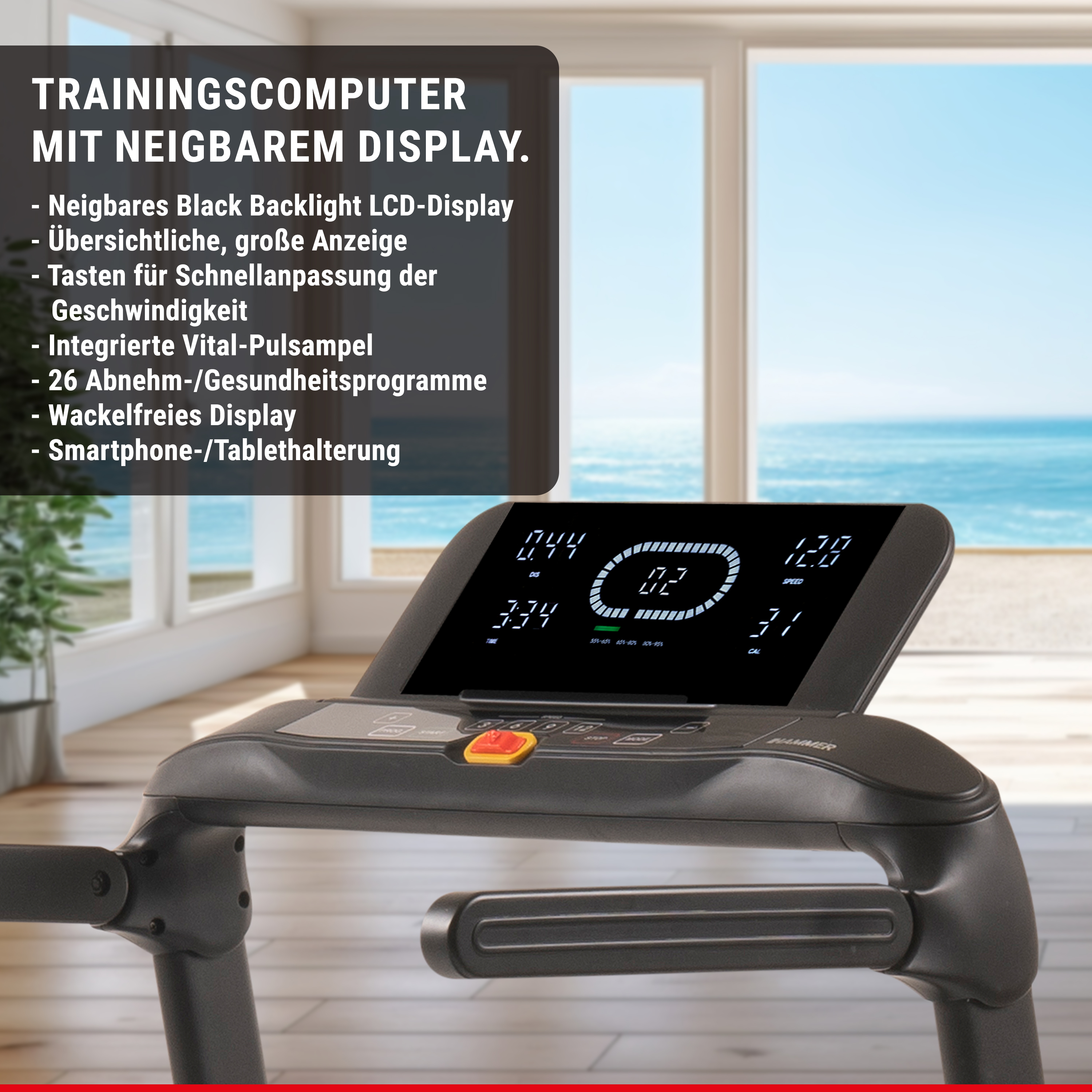 Computer per tapis roulant con display LCD inclinabile e testo sovrapposto.