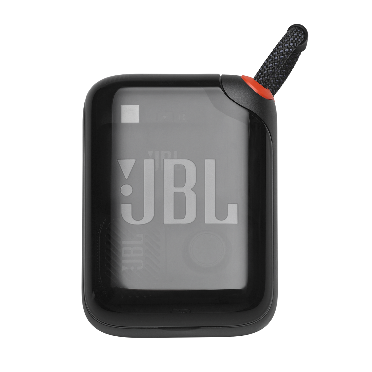 Un altavoz portátil JBL negro con carcasa transparente y correa de transporte trenzada negra.