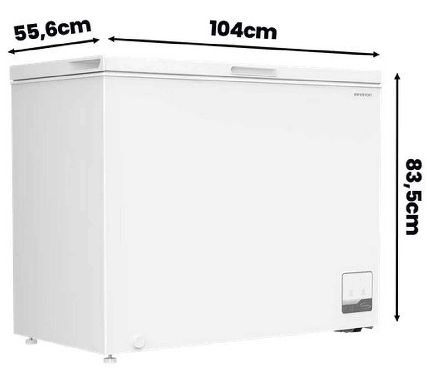 Cofre congelador blanco con dimensiones de 55,6 cm de profundidad, 104 cm de ancho y 83,5 cm de alto.