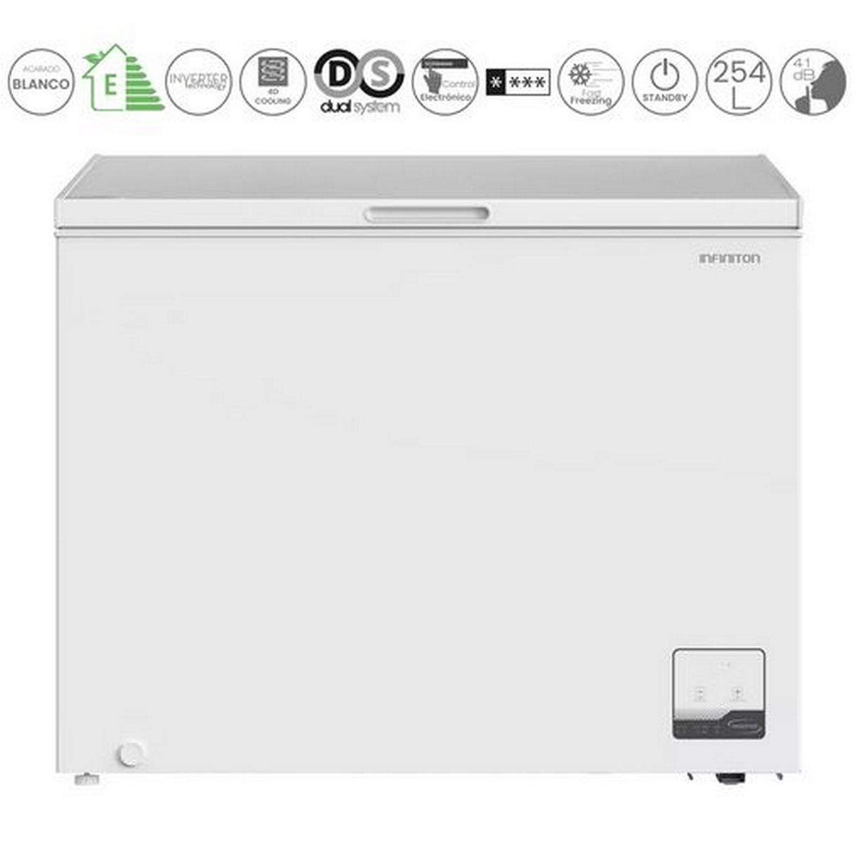 Congelador horizontal blanco con tirador superior e iconos en un fondo blanco.