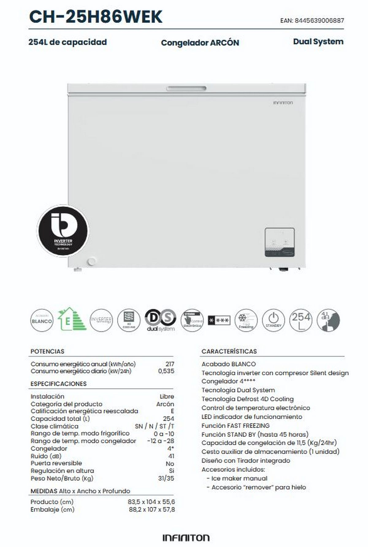 Ficha de producto de un congelador cofre blanco Infinition con especificaciones técnicas.