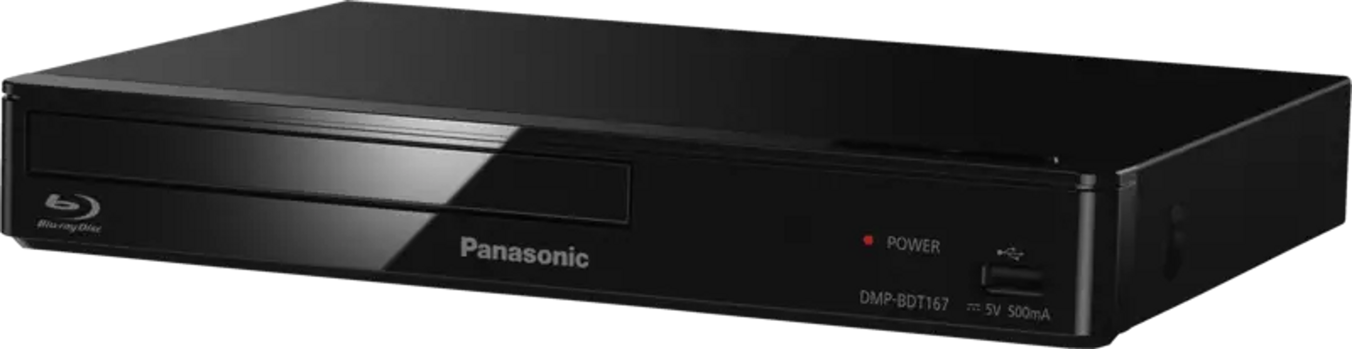 Un reproductor de Blu-ray Panasonic negro con puerto USB y luz de encendido roja sobre fondo negro.