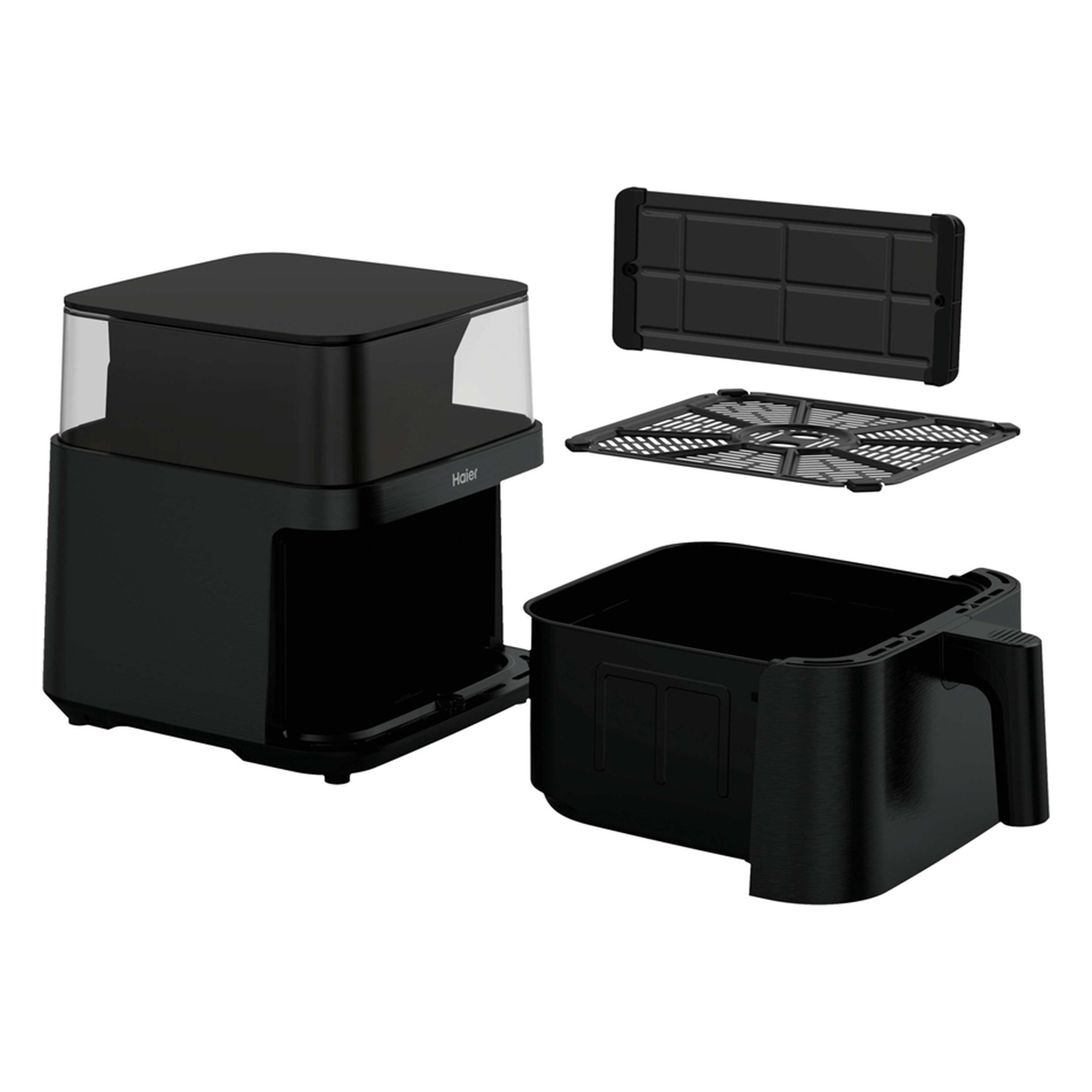 Freidora de aire Haier negra mostrada desarmada con su cesta, bandeja y divisor sobre fondo blanco.