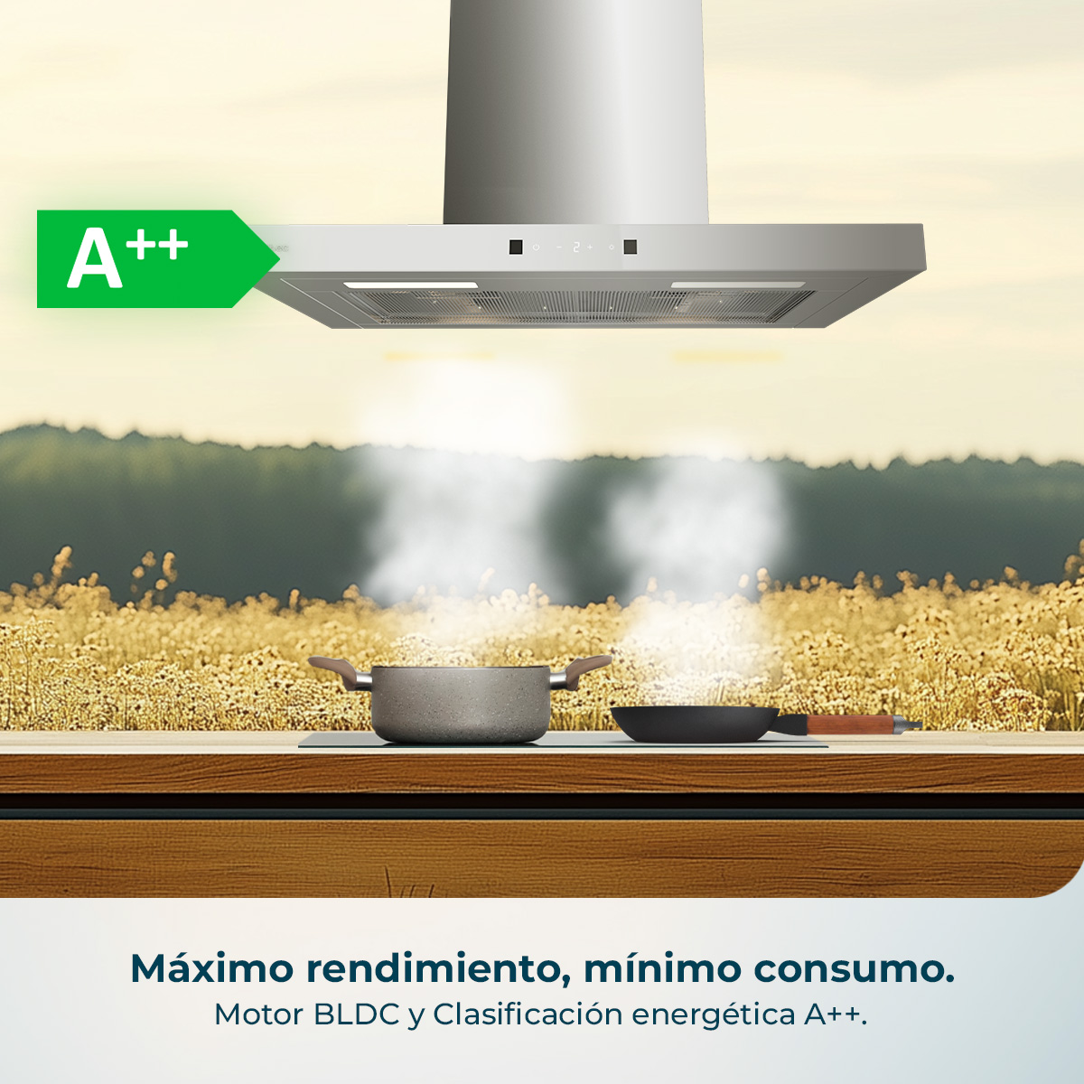 Campana extractora de acero inoxidable con eficiencia energética A++ sobre una estufa con ollas humeantes.