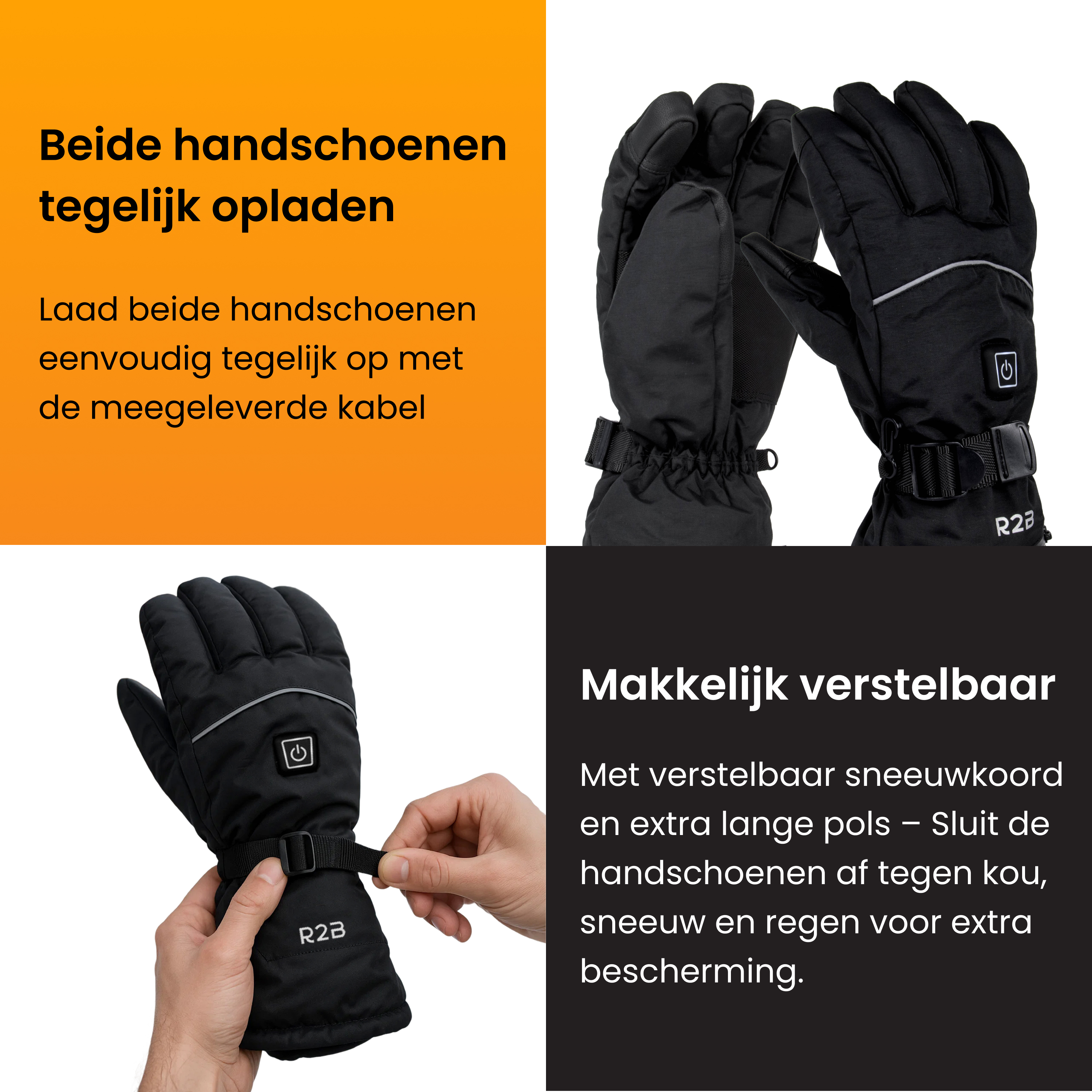Vierteiliges Bild zeigt schwarze beheizbare Handschuhe, Text und Hände beim Einstellen der Riemen.