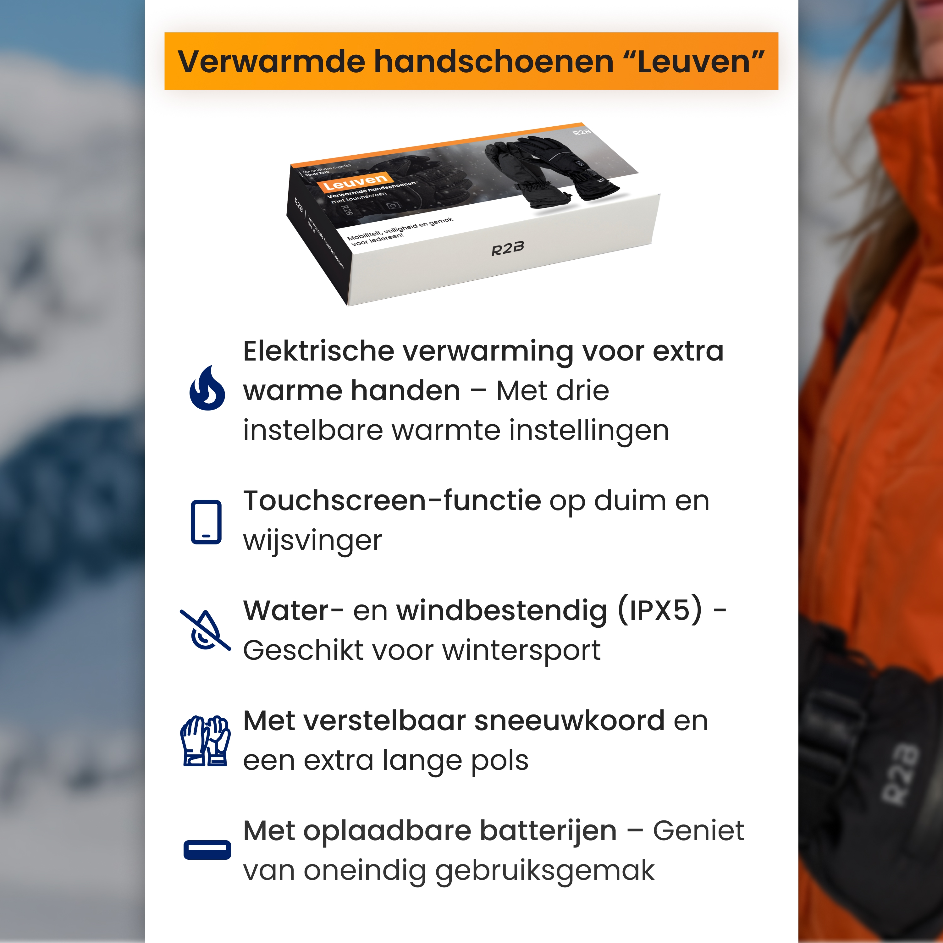 Produktwerbung für beheizbare Handschuhe Leuven mit Features wie Touchscreen und Batterien.