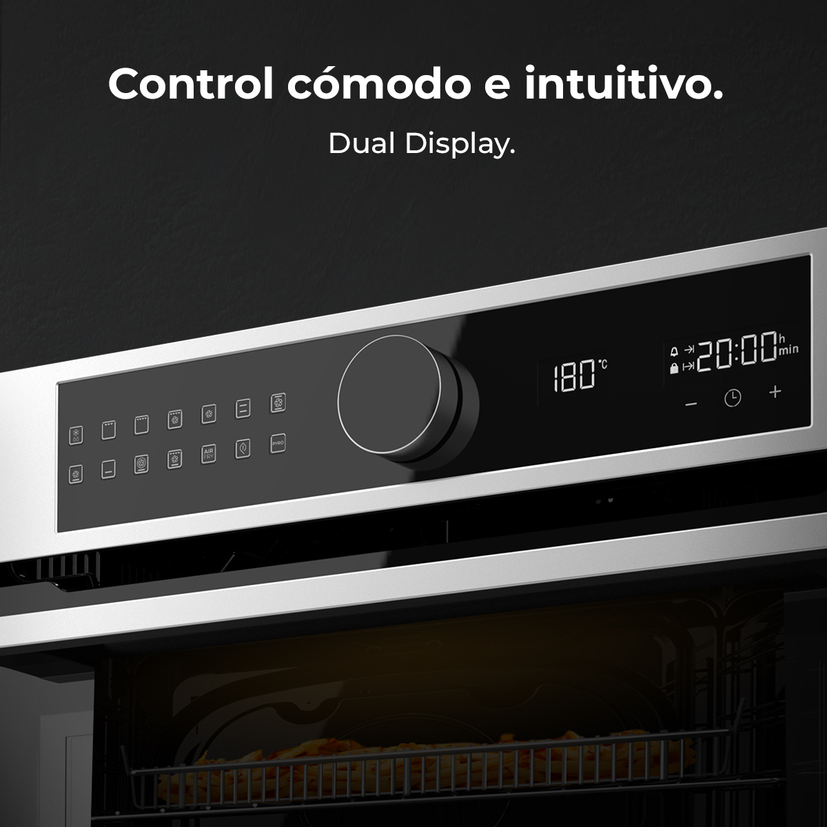 Panel de control del horno con pantalla dual, botones táctiles y rueda, mostrando 180 grados Celsius y 20:00.