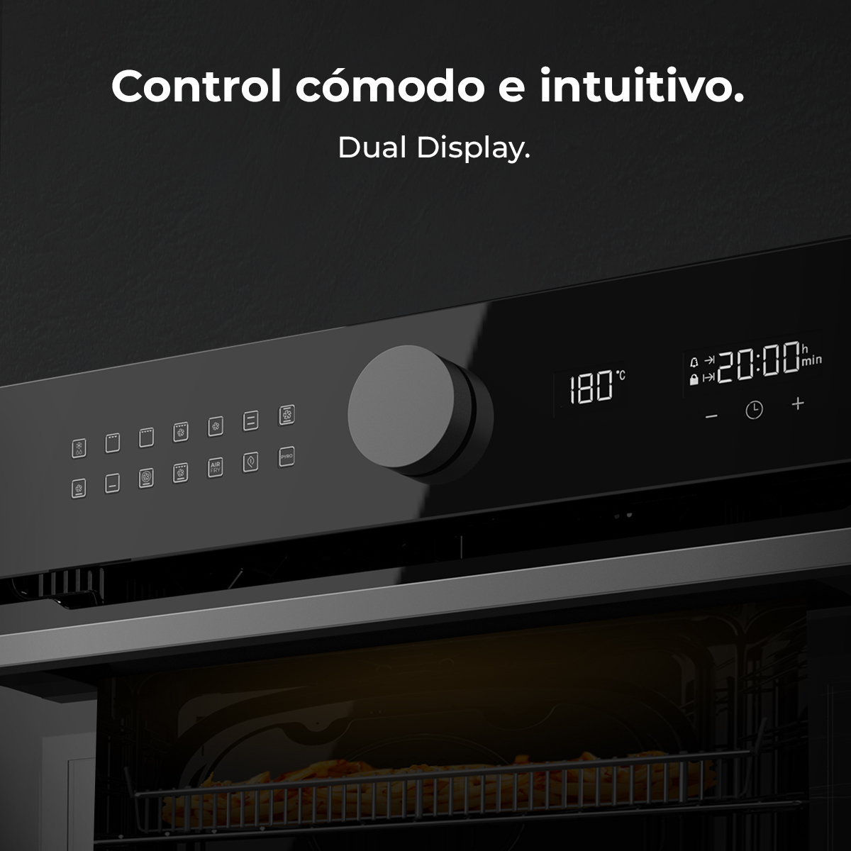 Panel de control de horno negro con mando central, botones táctiles y pantalla digital dual con hora y temperatura.