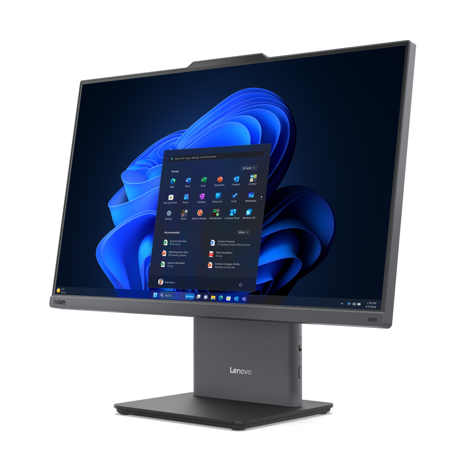 Un PC all-in-one grigio di Lenovo con sfondo blu di Windows 11 e menu Start aperto.
