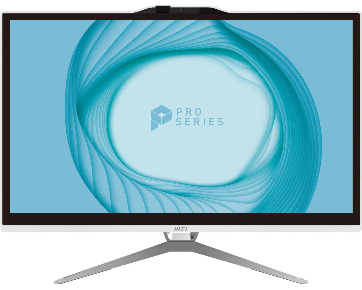 Un PC all-in-one bianco mostra un motivo a onde astratte blu e la scritta Pro Series.