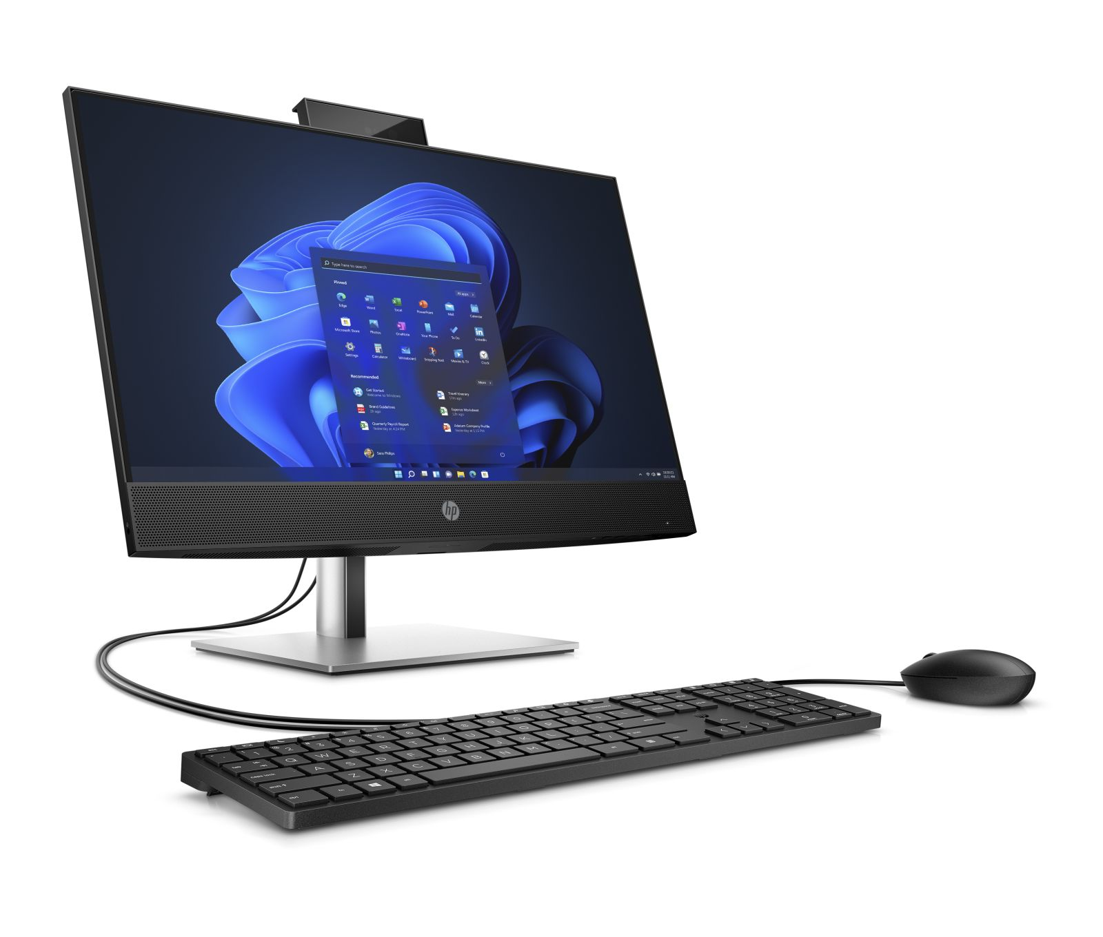Czarny komputer stacjonarny typu All-in-One HP z niebieską grafiką ekranu, klawiaturą i myszą na białym tle.