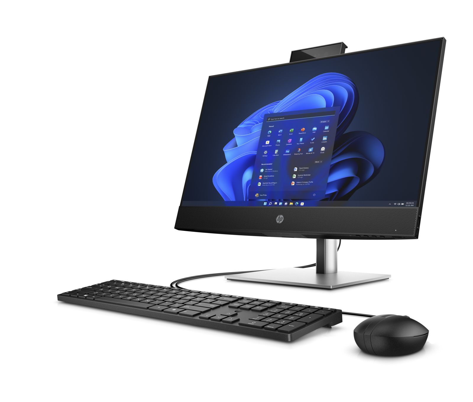 Komputer All-in-One HP z czarną klawiaturą i myszą na białym tle.