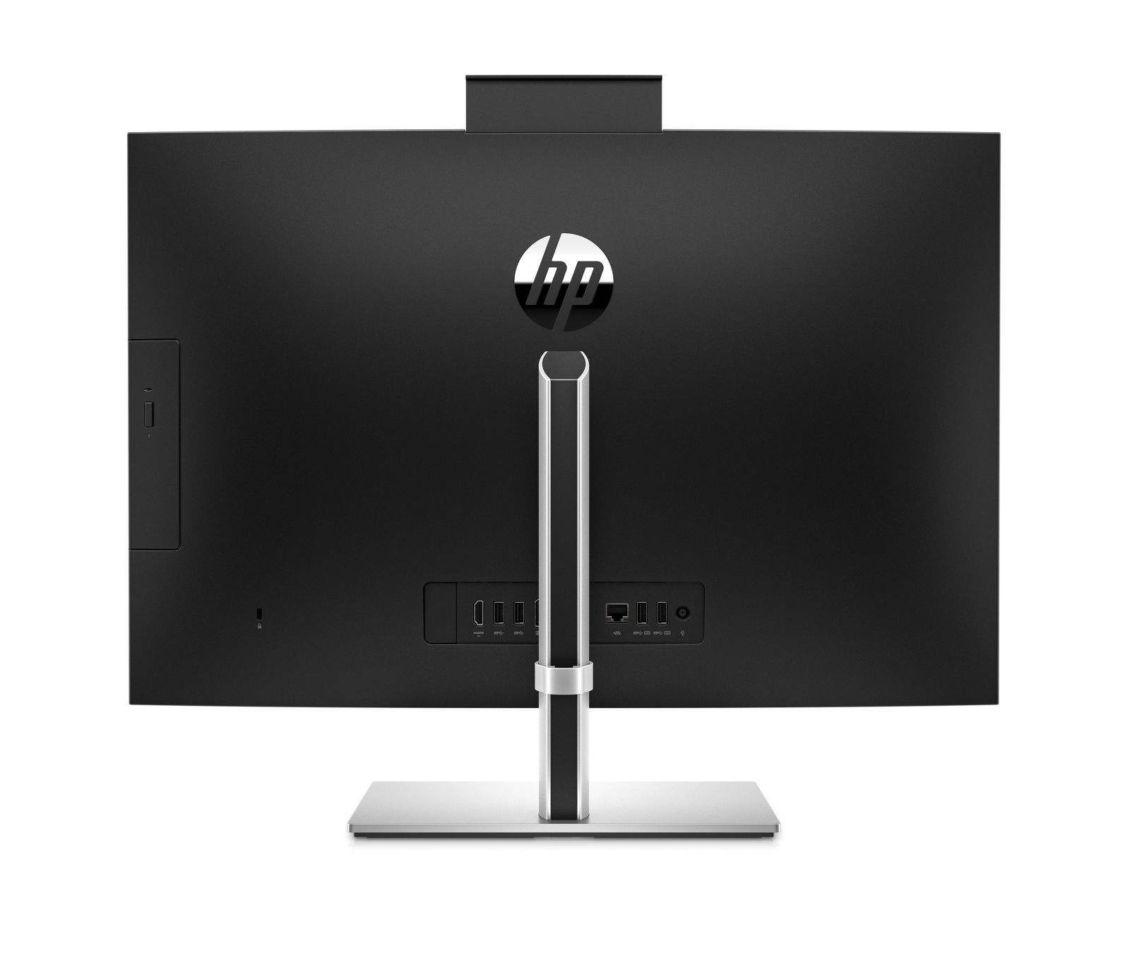 Tył czarnego komputera all-in-one HP ze srebrną podstawą i widocznymi portami.