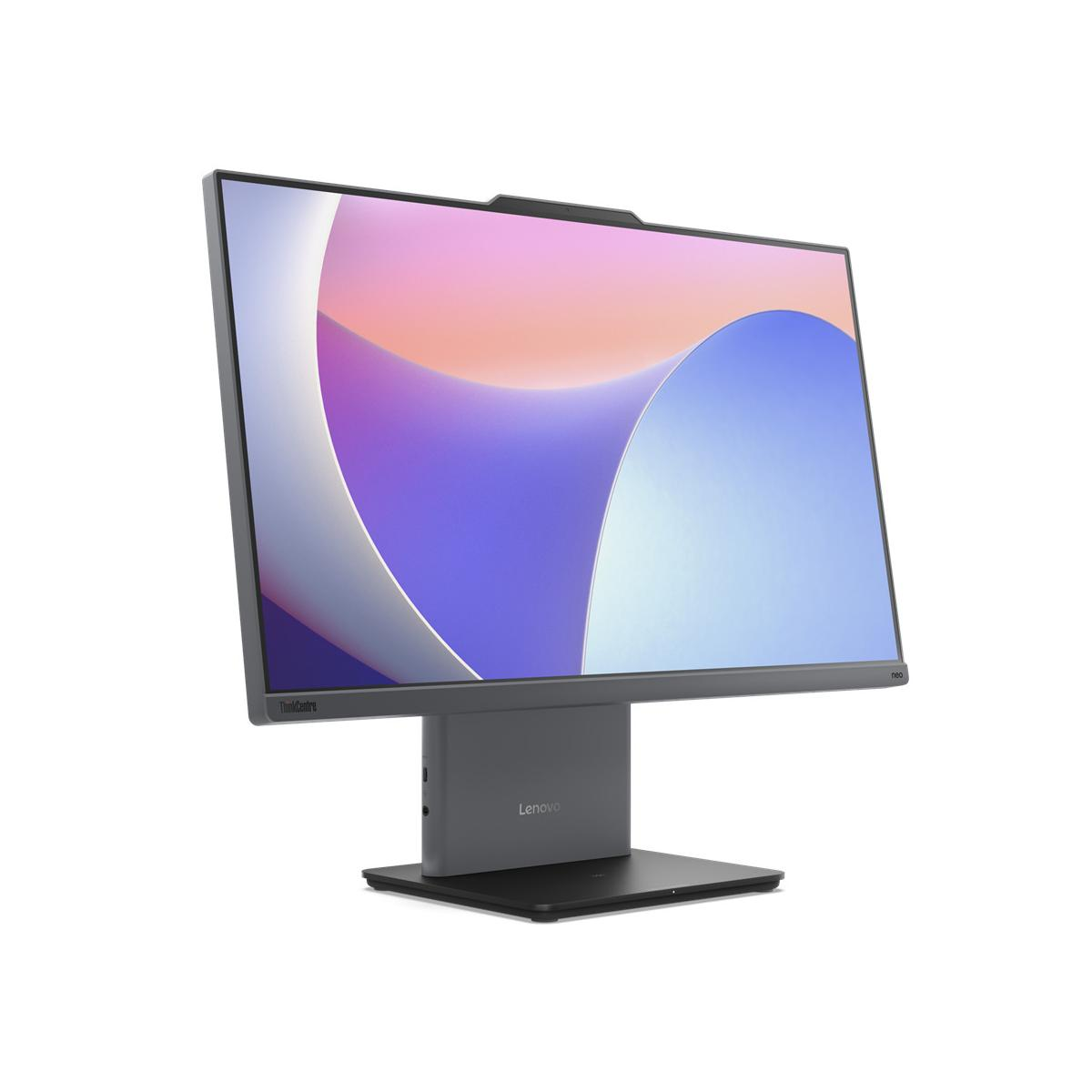Szary komputer all-in-one Lenovo ThinkCentre z abstrakcyjną tapetą na białym tle.