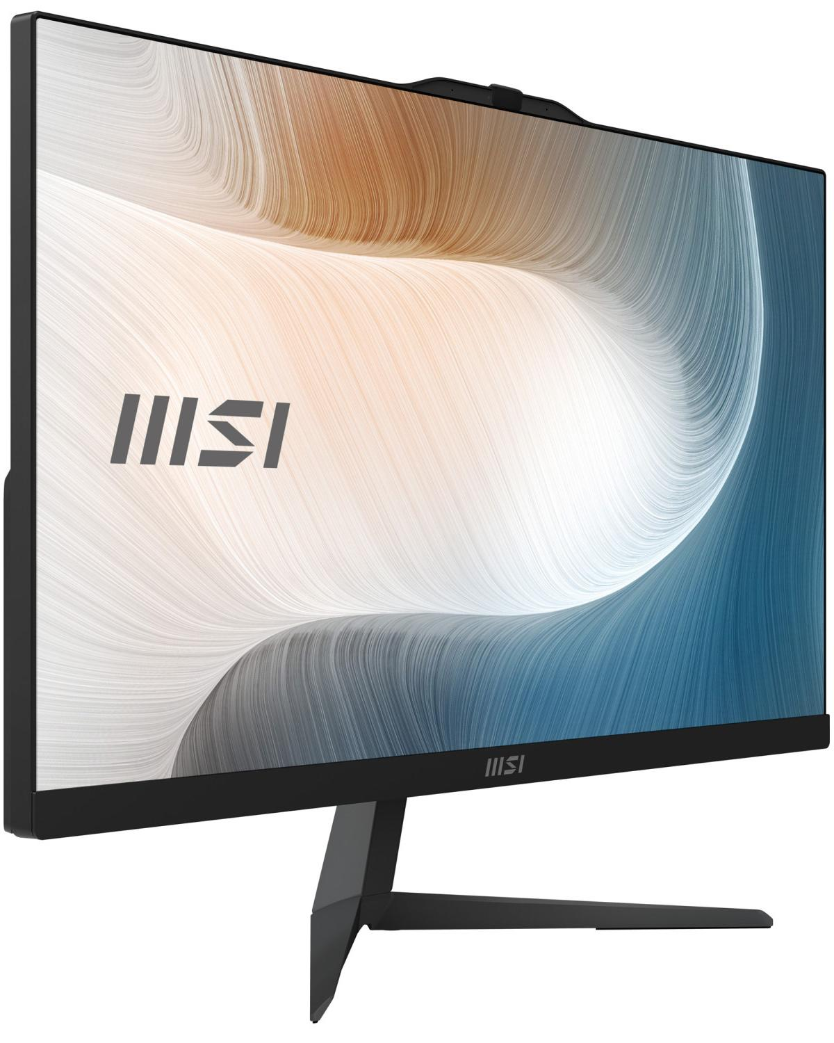 Monitor MSI con uno sfondo blu e beige su un supporto.