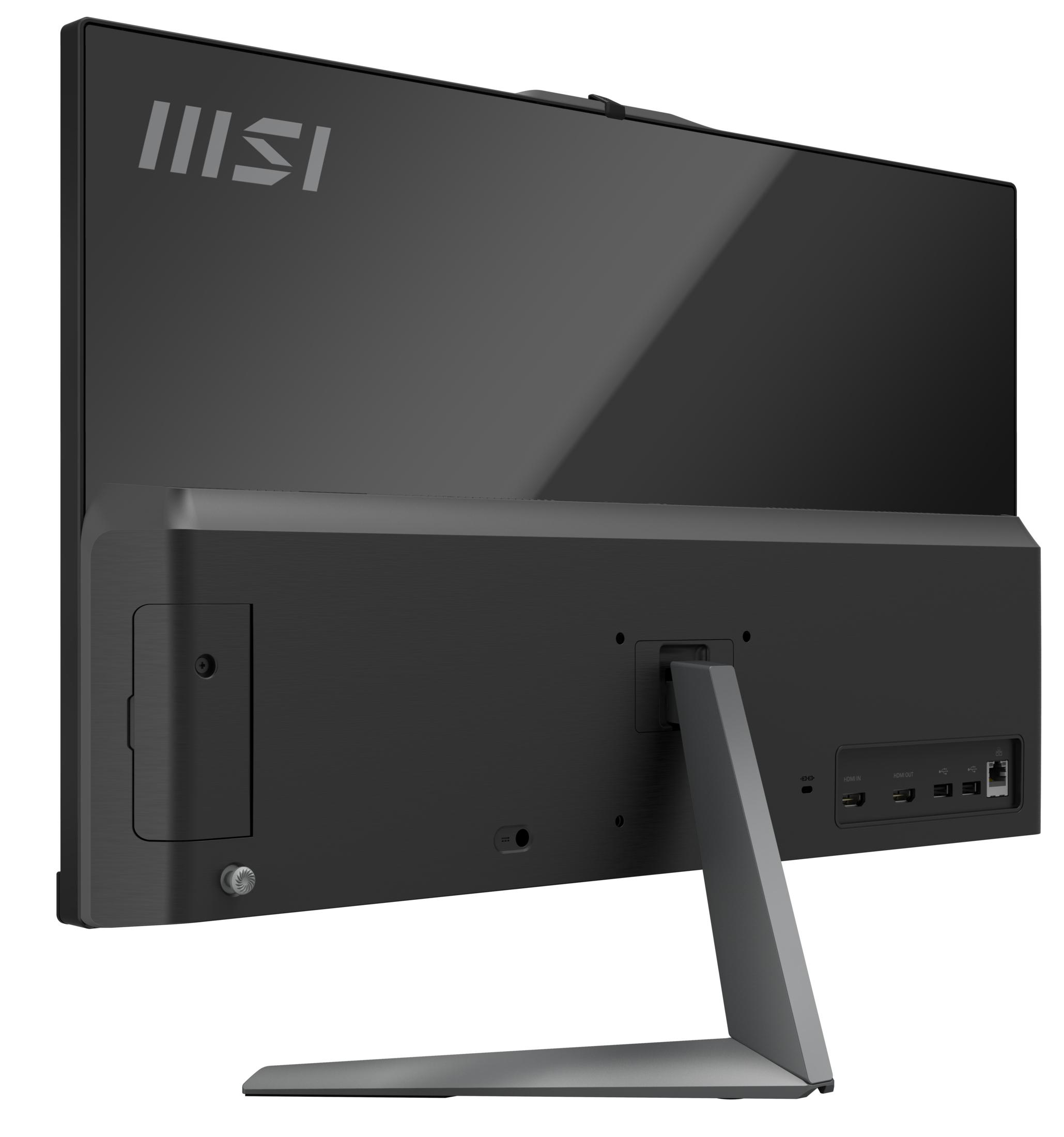 Widok z tyłu komputera All-in-One MSI, ukazujący tył ekranu, podstawkę, porty i logo MSI na białym tle.