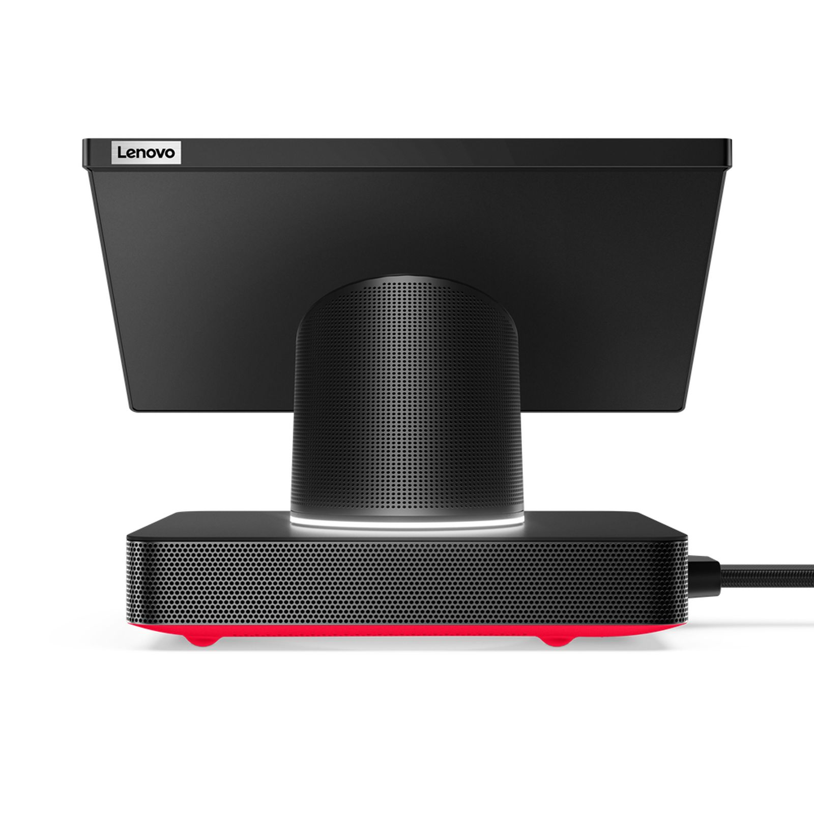 Un dispositivo Lenovo negro con pantalla integrada y base de altavoz sobre fondo blanco.