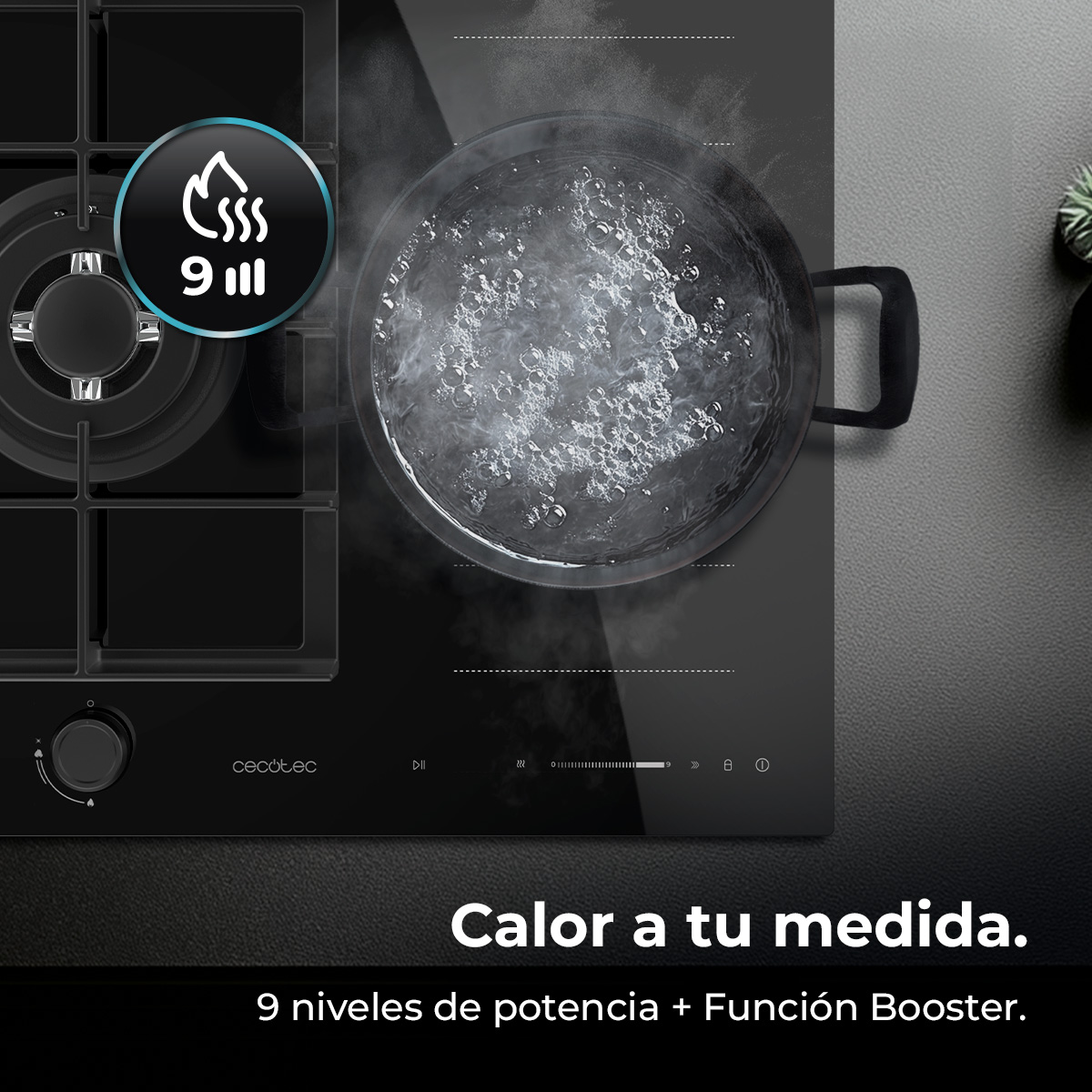 Una placa de inducción negra con una olla de agua hirviendo y controles táctiles.